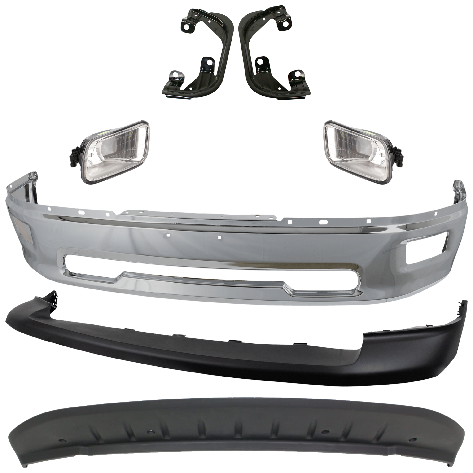 AM RAM 1500-09-10-1500-11-12 FRONT BUMPER 7 pc kit w Bumper Cover Valance Fog Light and Fog Light Bracket SKU KIT 082224 C534 Partslink CH1002386 CH1014102 CH1061100 CH1090133 OEM 55112609AA 68206067AA 68034055