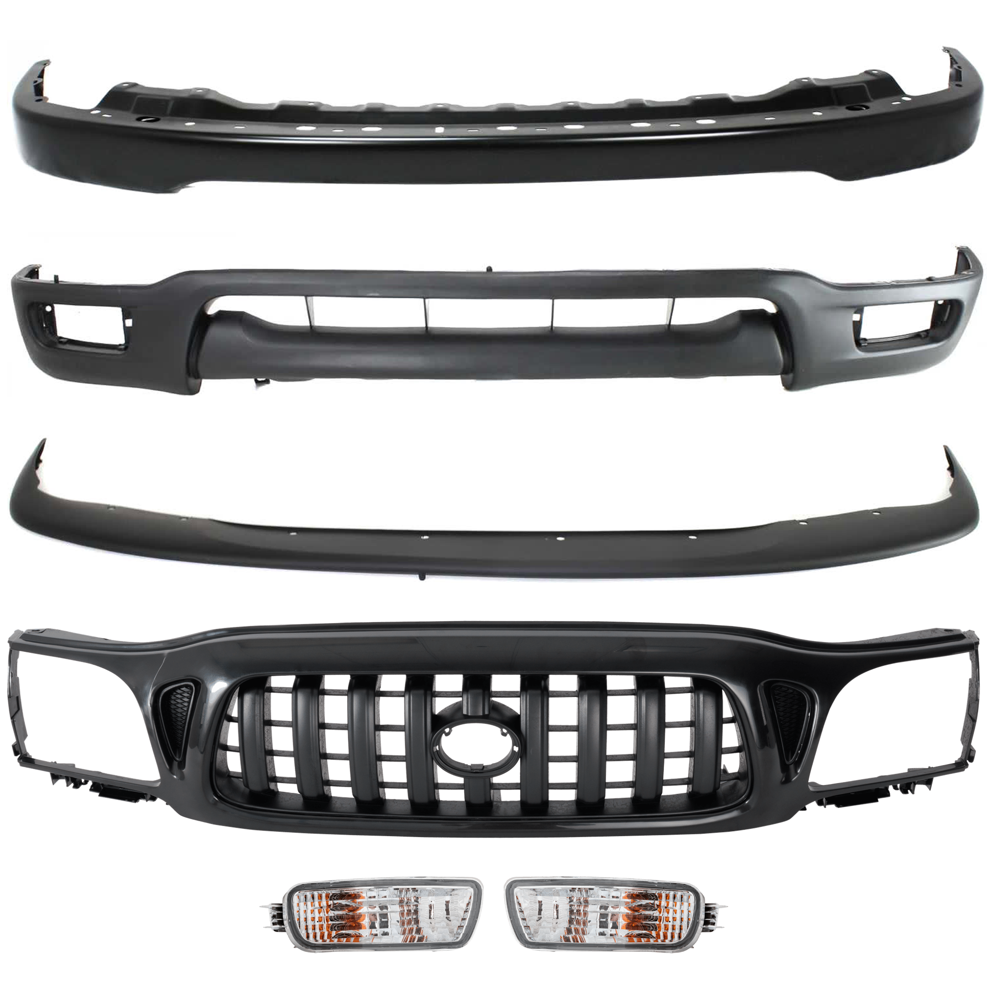 AM TACOMA 01-04 FRONT BUMPER 6 pc Kit with Grille Assembly Valance Bumper Filler and Turn Signal Light SKU KIT 082224 C539 Partslink TO1002176 TO1087112 TO1200246 TO2530140 TO2531140 TO1095196 OEM 52101AD900-52119AD010-53100042