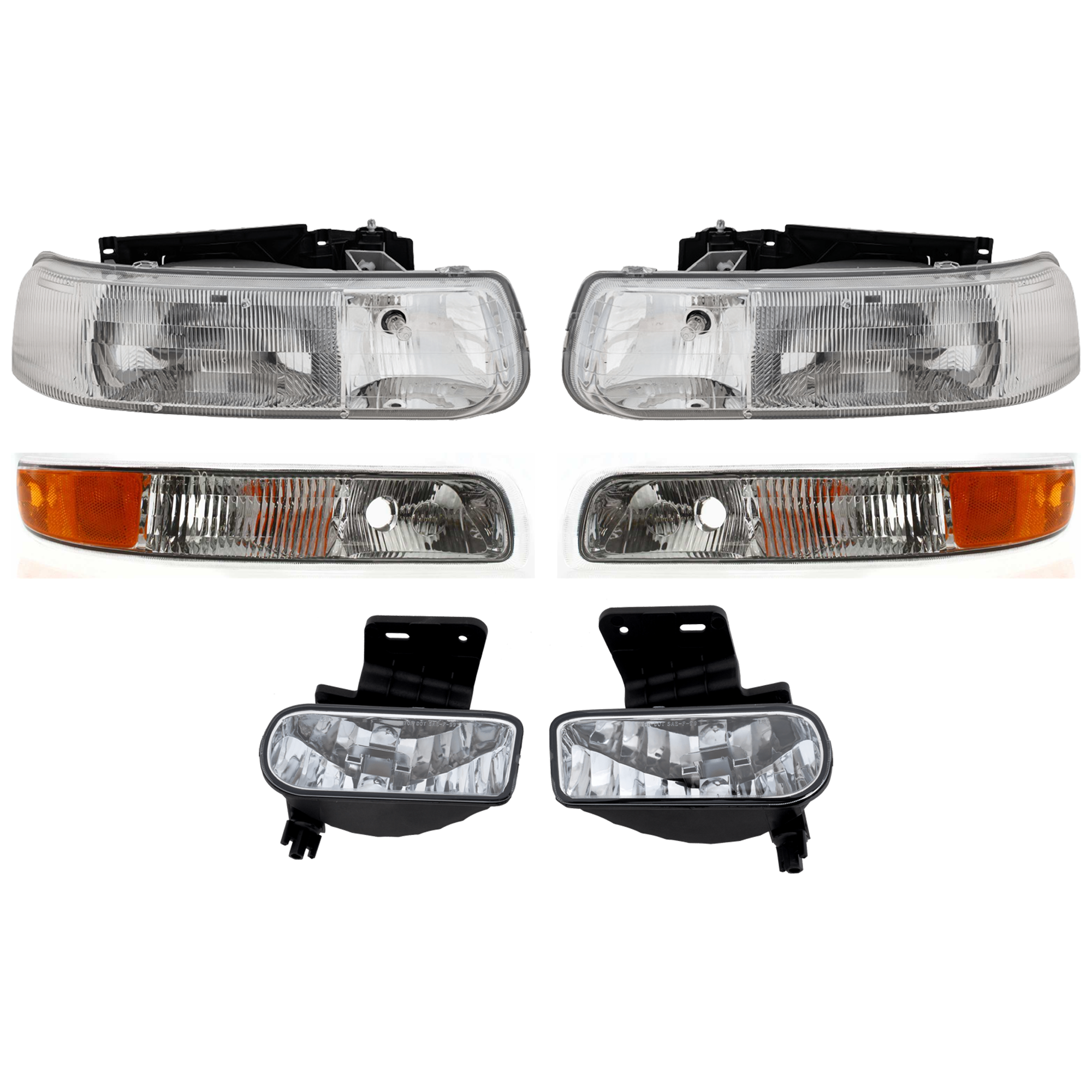 AM SILVERADO 1500-2500-99-02 HEAD LAMP RH AND LH Assembly Halogen 6 pc Kit with Fog Light and Parking Light SKU KIT 082224 C541 Partslink GM2502187 GM2503187 GM2593113 GM2592113 GM2521173 GM2520173 OEM 16526133-16526134-19433556-103