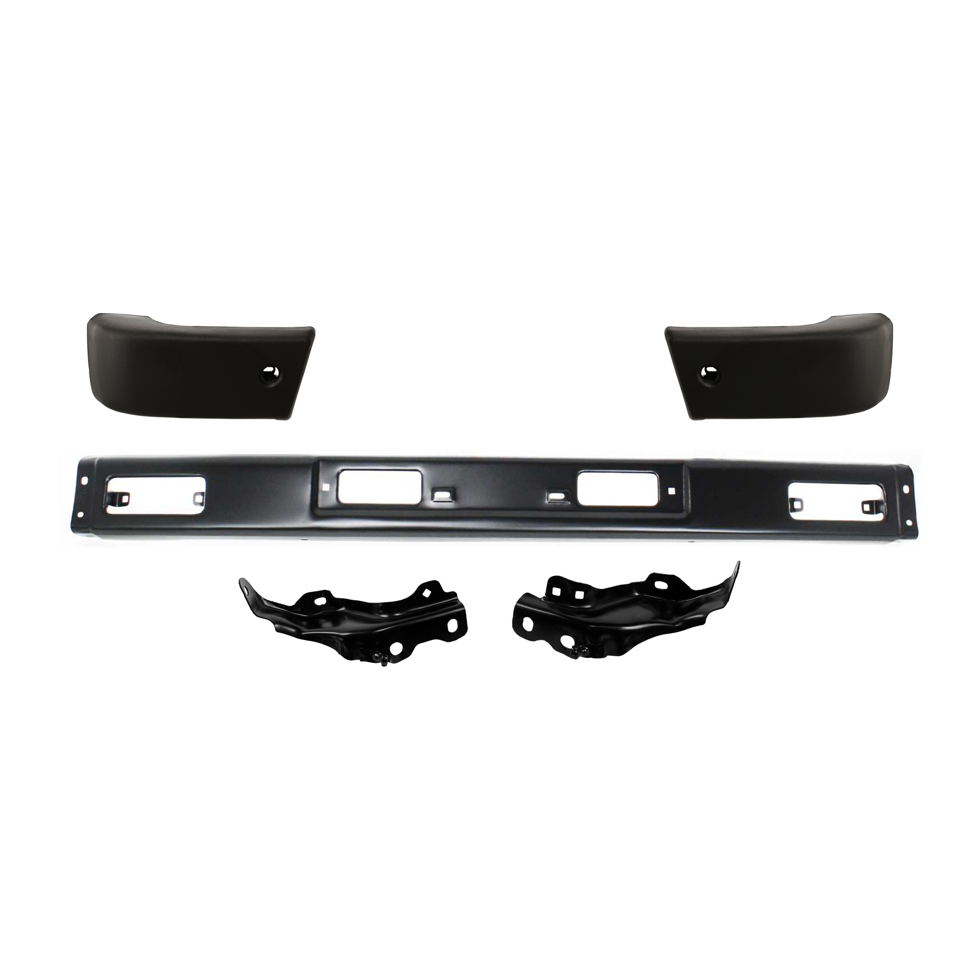 AM TOYOTA PICKUP 84-86 FRONT BUMPER 5 pc Kit Black with Bumper End and Bumper Bracket SKU KIT 082224 C549 Partslink TO1002114 TO1066104 TO1067104 TO1004156 TO1005115 OEM 5211189134-5201289108-52011891