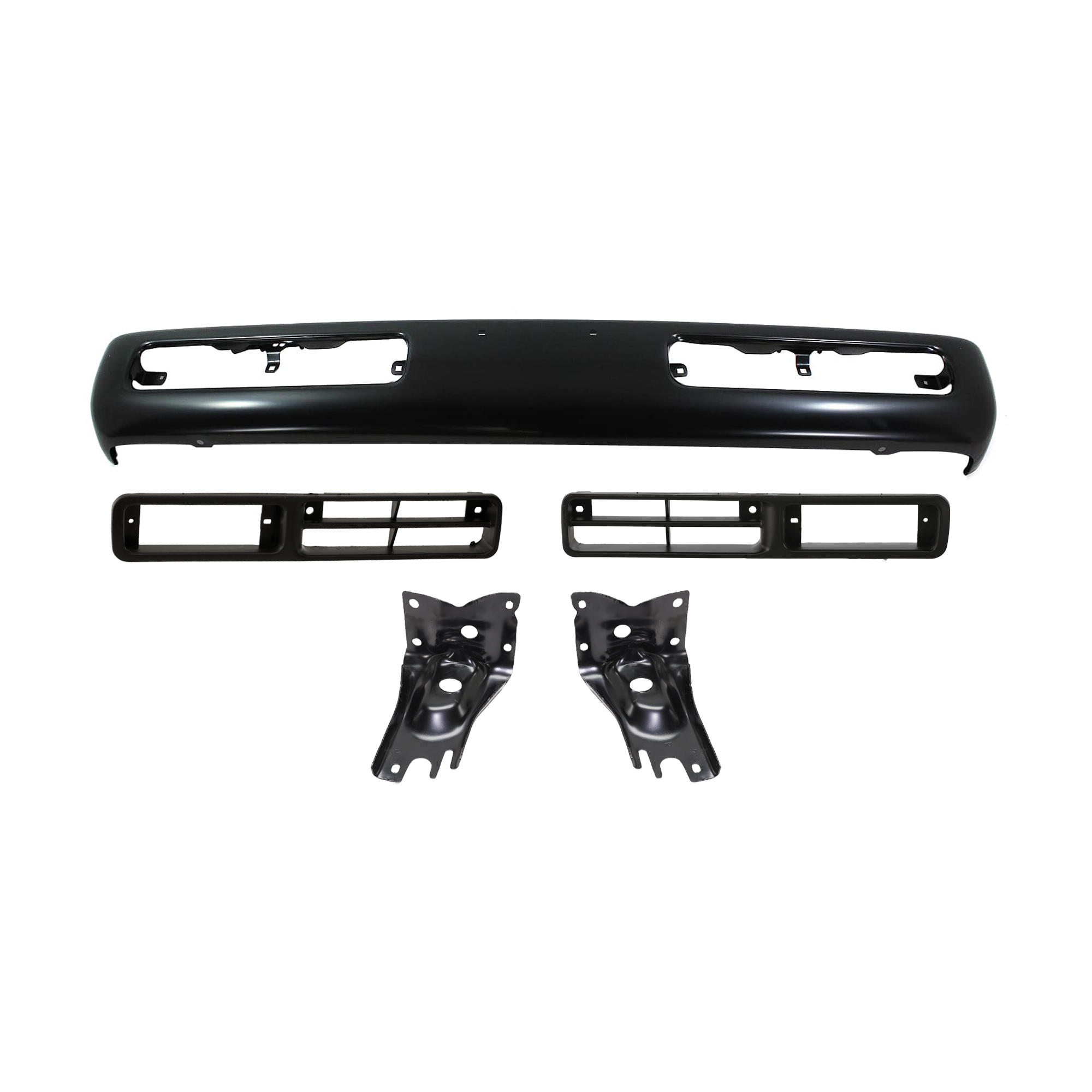 AM NISSAN PICKUP 96-97 FRONT BUMPER 5 pc Kit with Bumper Bracket and Fog Light Trim SKU KIT 082224 C550 Partslink NI1002130 NI1066104 NI1067104 NI1039101 NI1038101 OEM F20123B800-6221357G00-6221257G