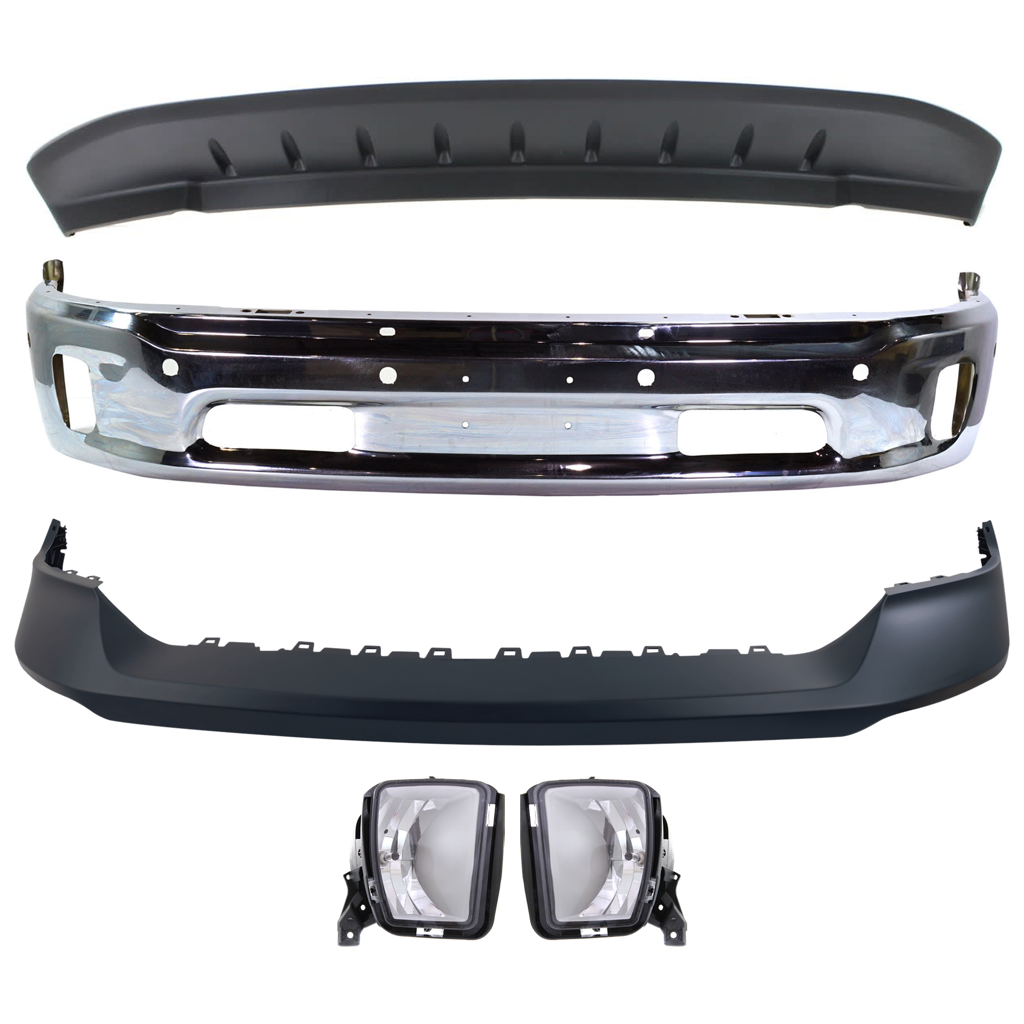 AM RAM 1500-14-22 FRONT BUMPER 5 pc. Kit w Bumper Cover Fog Light and Valance 1500 CLASSIC 19-22 SKU KIT 082224 C557 Partslink CH1002402 CH1014108 CH2593147 CH2592147 CH1090147 OEM 68160857AA 68197697AA 68104820