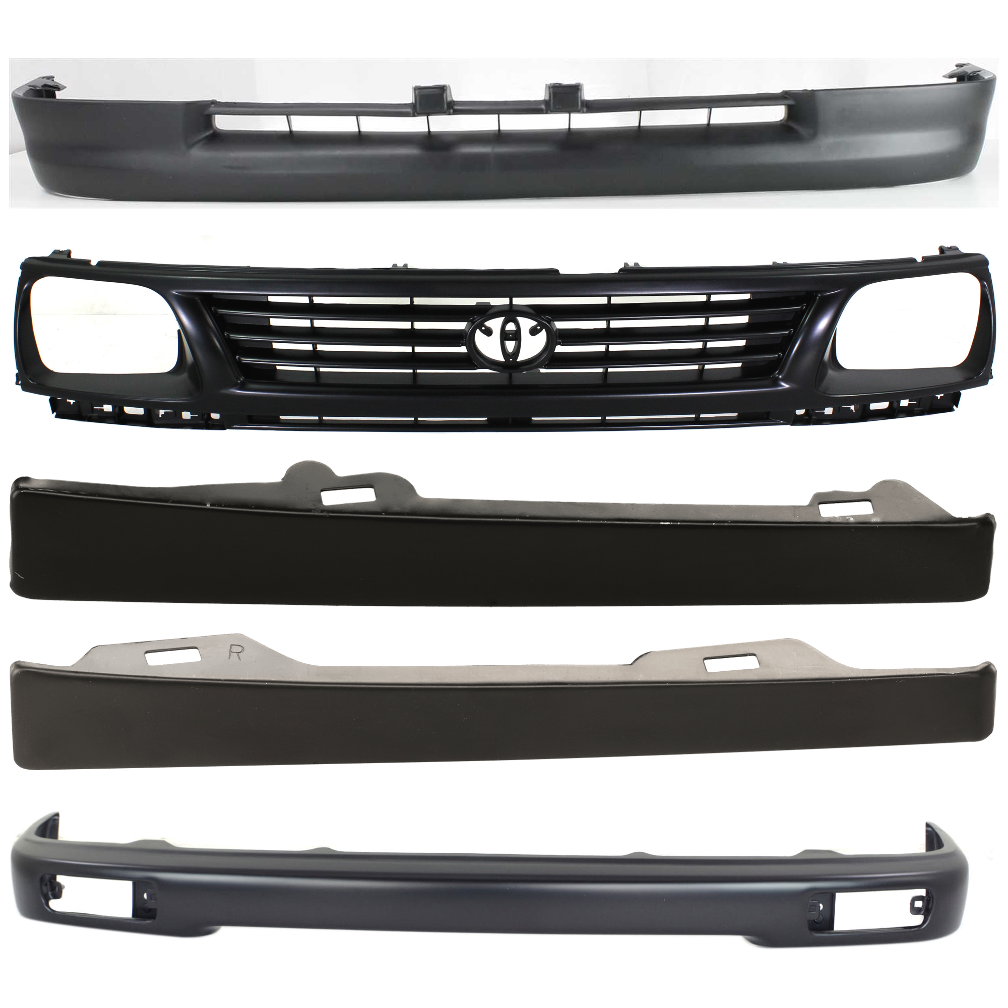AM TACOMA 95-96 FRONT BUMPER 5 pc kit w Grille Assembly Valance and Headlight Filler SKU KIT 082224 C564 Partslink TO1002153 TO1200194 TO1088101 TO1089101 TO1095169 OEM 5210104050-5310035290-52513350