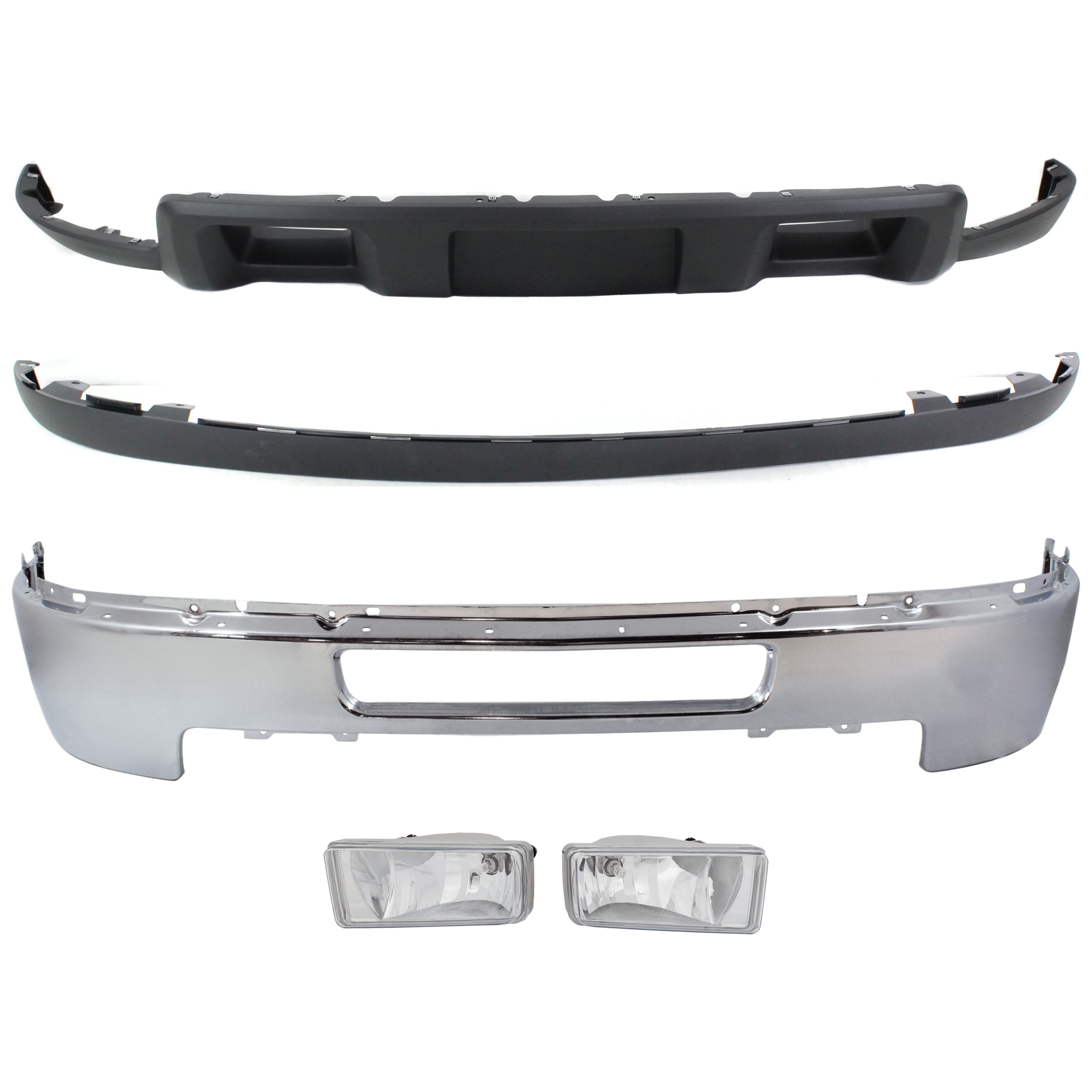AM SILVERADO 2500 HD 3500 HD 11-14 FRONT BUMPER 4 pc Kit Chrome with Fog Light and Valance SKU KIT 082224 C565 Partslink GM1002838 GM2593160 GM2592160 GM1095195 GM1092213 OEM 25832522-22872763-22872762-208