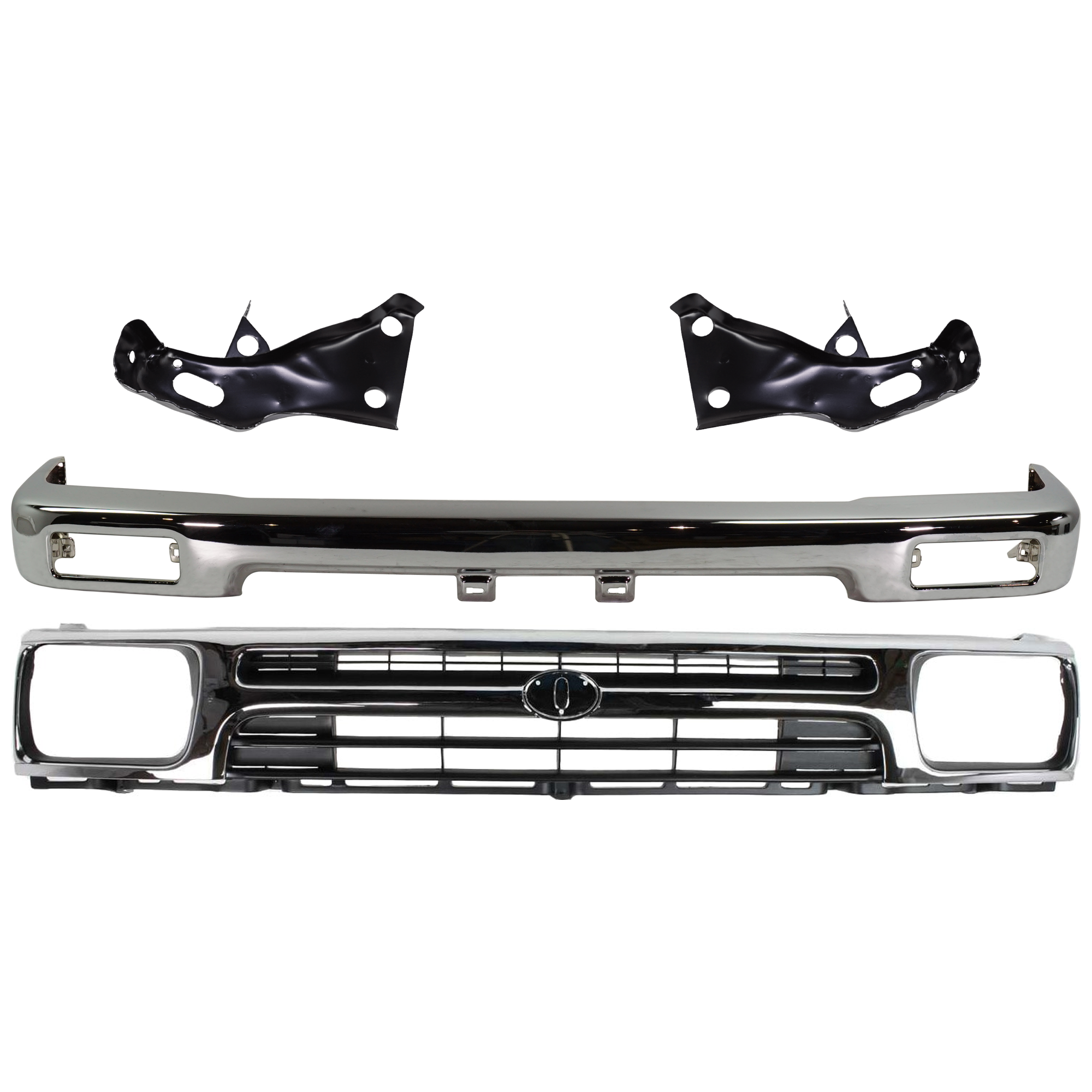 AM TOYOTA PICKUP 92-95 FRONT BUMPER Chrome 4 pc kit with Bumper Bracket and Grille Assembly SKU KIT 082224 C567 Partslink TO1002102 TO1067107 TO1066107 TO1200128 OEM 5210135070-5201135060-52012350