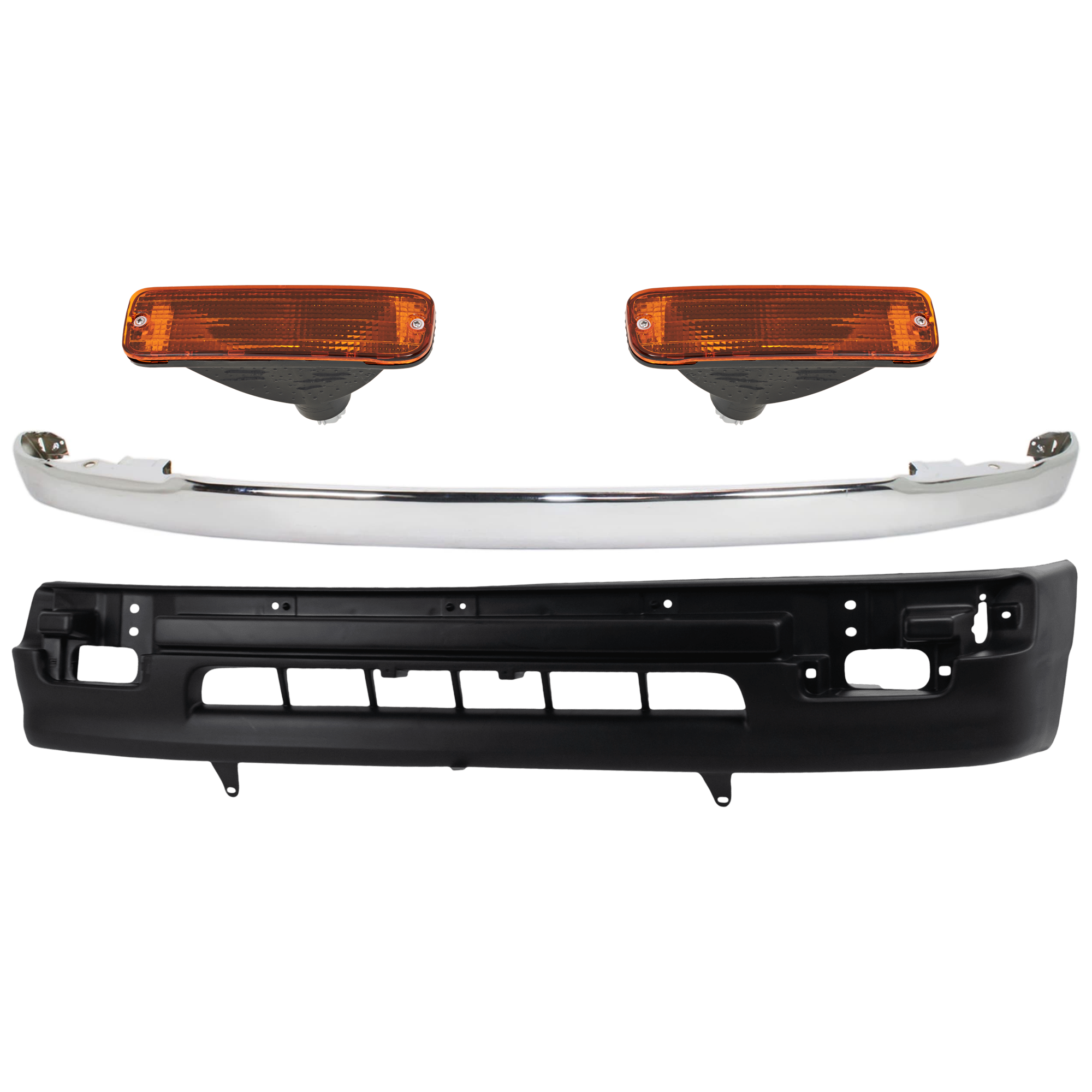 AM TACOMA 98-00 FRONT BUMPER MOLDING 4 pc Kit Chrome with Valance and Turn Signal Light SKU KIT 082224 C569 Partslink TO1002165 TO2530122 TO2531122 TO1095171 OEM 5210104090-8152035110-81510351