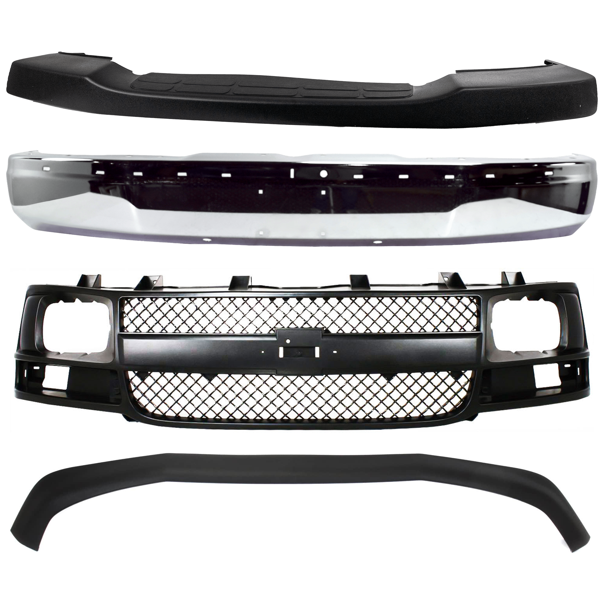 AM EXPRESS SAVANA VAN 03-17 FRONT BUMPER 4 pc Kit with Grille Assembly Bumper Cover and Valance SKU KIT 082224 C573 Partslink GM1002459 GM1000693 GM1200538 GM1092226 OEM 19303361-22890548-22816424-257