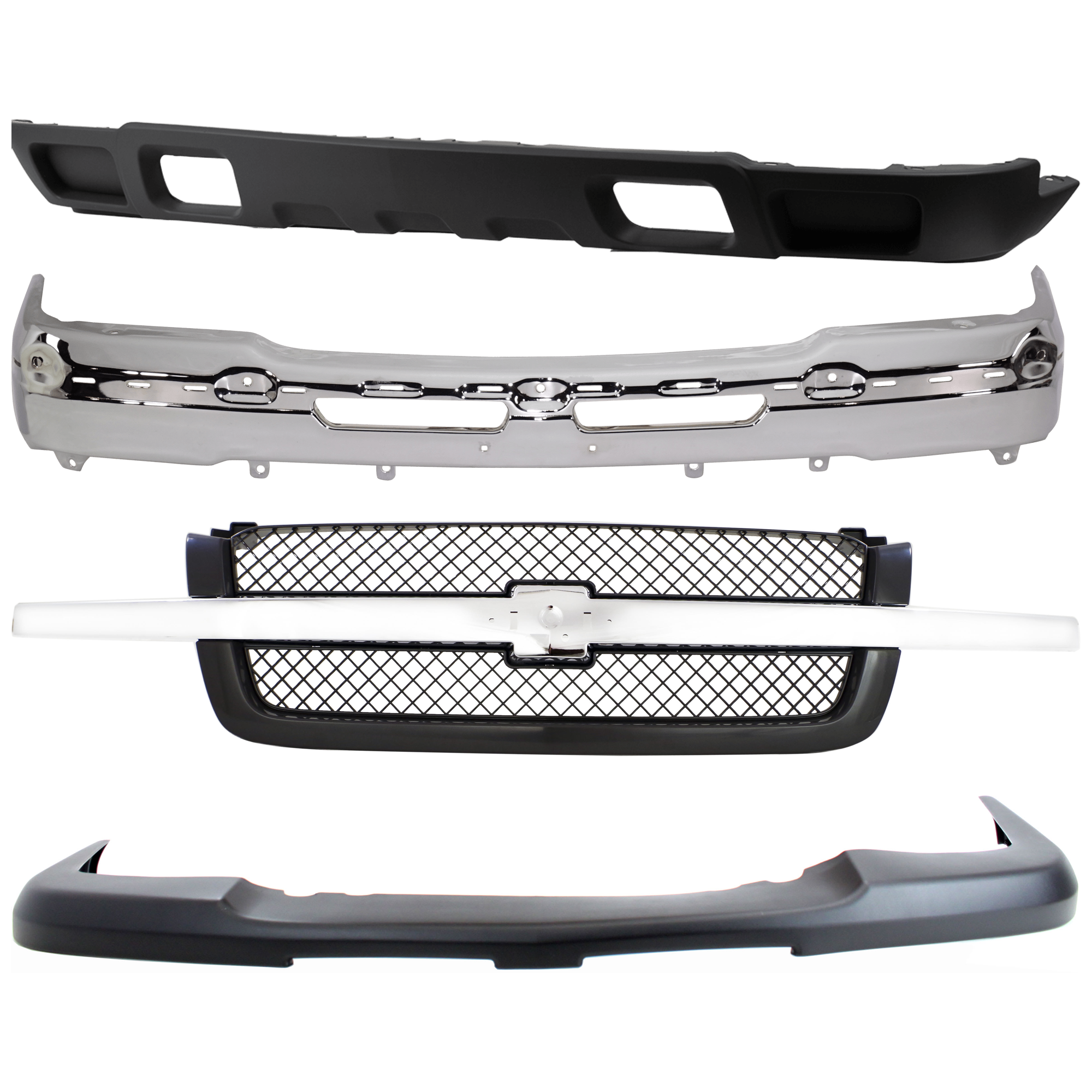 AM SILVERADO 1500-03-06 SILVERADO 2500-03-04 FRONT BUMPER 4 pc kit w Grille Assembly. Bumper Cover and Valance SKU KIT 082224 C576 Partslink GM1002416 GM1051110 GM1200489 GM1092205 GM1092174 OEM 19150310-15139805-19168629-103
