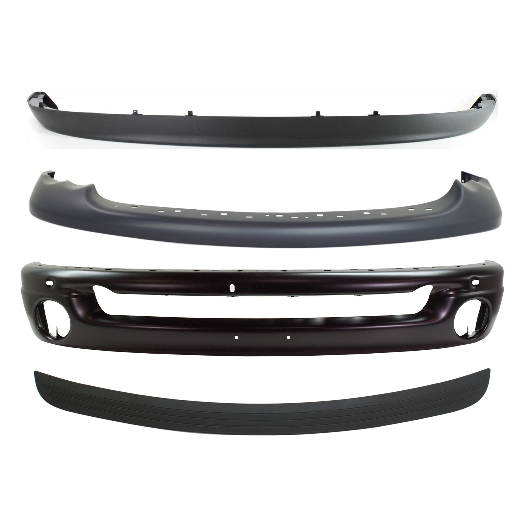 AM RAM 1500-02-05 FRONT BUMPER Face Bar Painted Black Steel 4 pc Kit with Bumper Trim and Valance SKU KIT 082224 C581 Partslink CH1002377 CH1019102 CH1000338 CH1090125 OEM 1AR811SPAA 55077342AC 5073002A