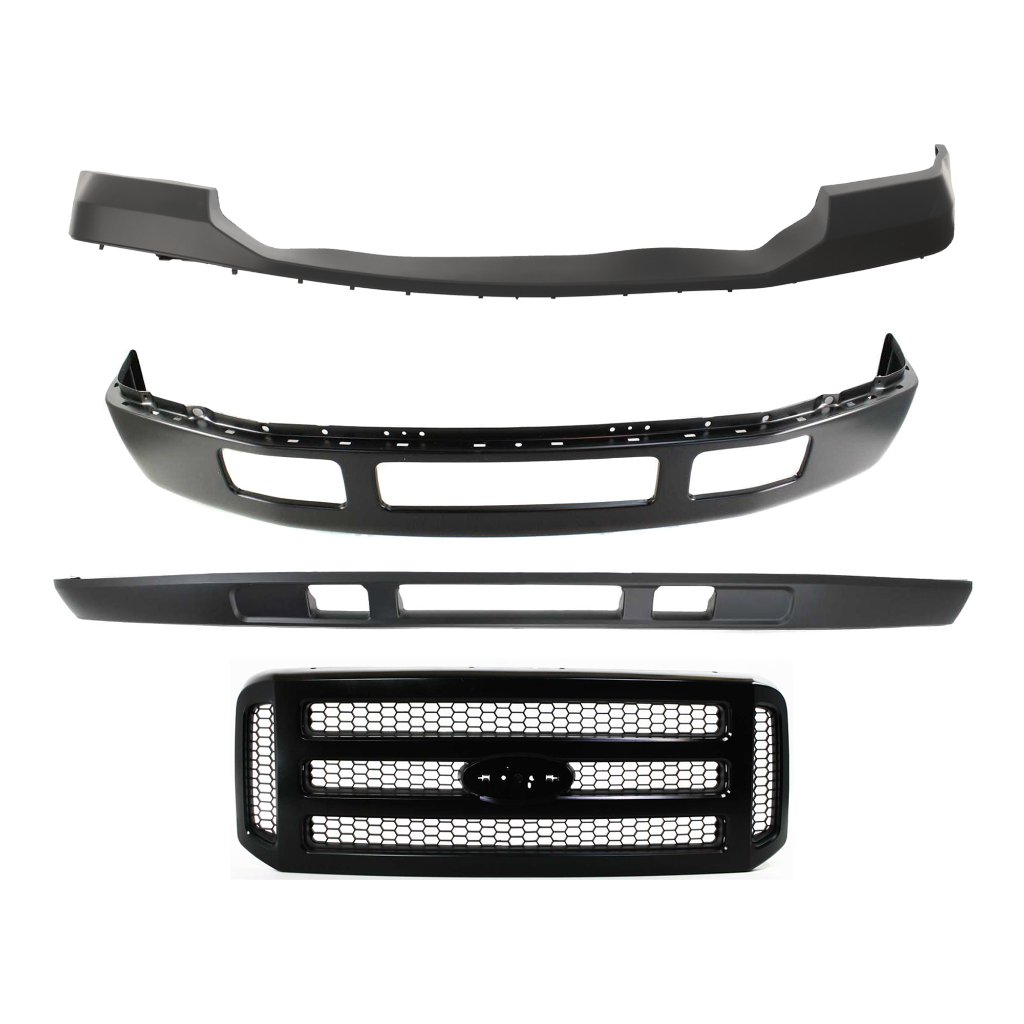 AM F 250 F 350 SUPER DUTY 06-07 FRONT BUMPER 4 pc Kit with Grille Assembly Bumper Cover and Valance SKU KIT 082224 C582 Partslink FO1002393 FO1000607 FO1200457 FO1095219 OEM 5C3Z17757CAA 6C3Z17D957AA 5C3Z