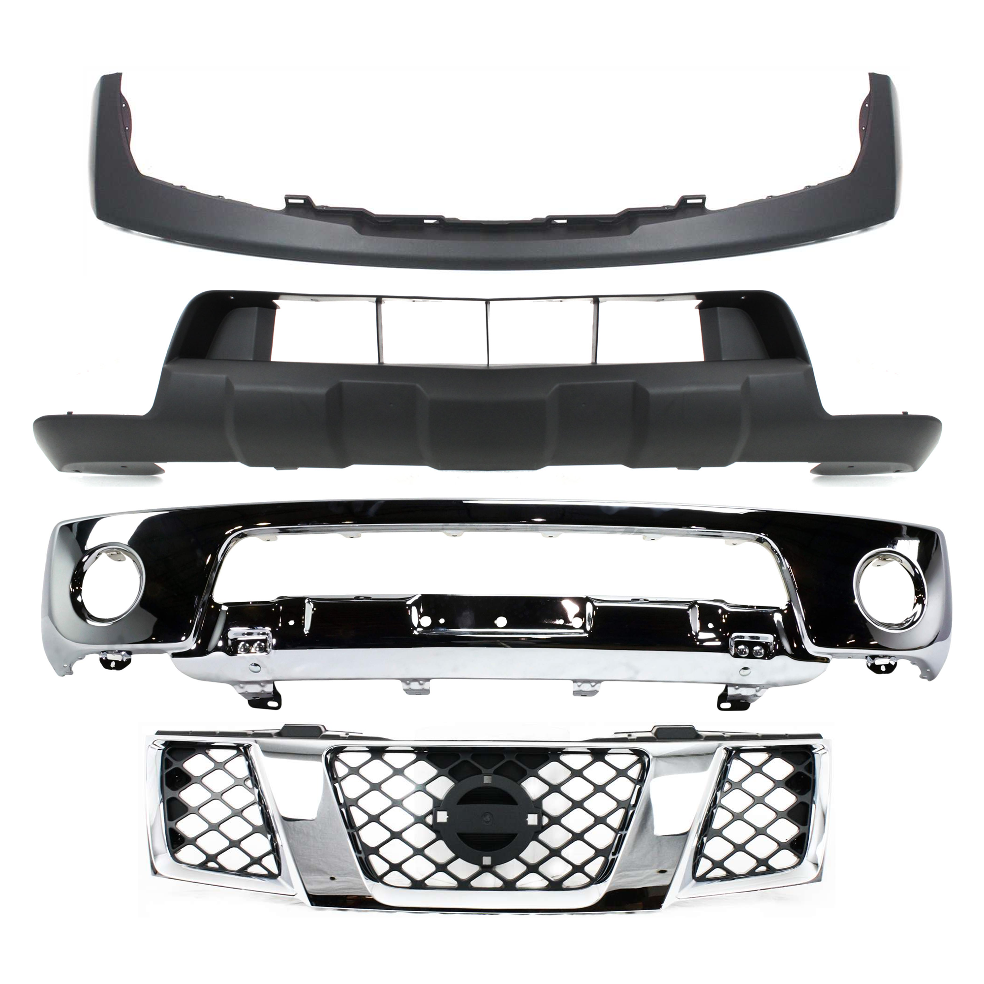 AM FRONTIER 05-08 FRONT BUMPER Lower 4 pc Kit with Bumper Trim Grille Assembly and Valance SKU KIT 082224 C588 Partslink NI1002138 NI1000224 NI1200217 NI1015100 OEM 62014EA800-62025EA800-62310EA7