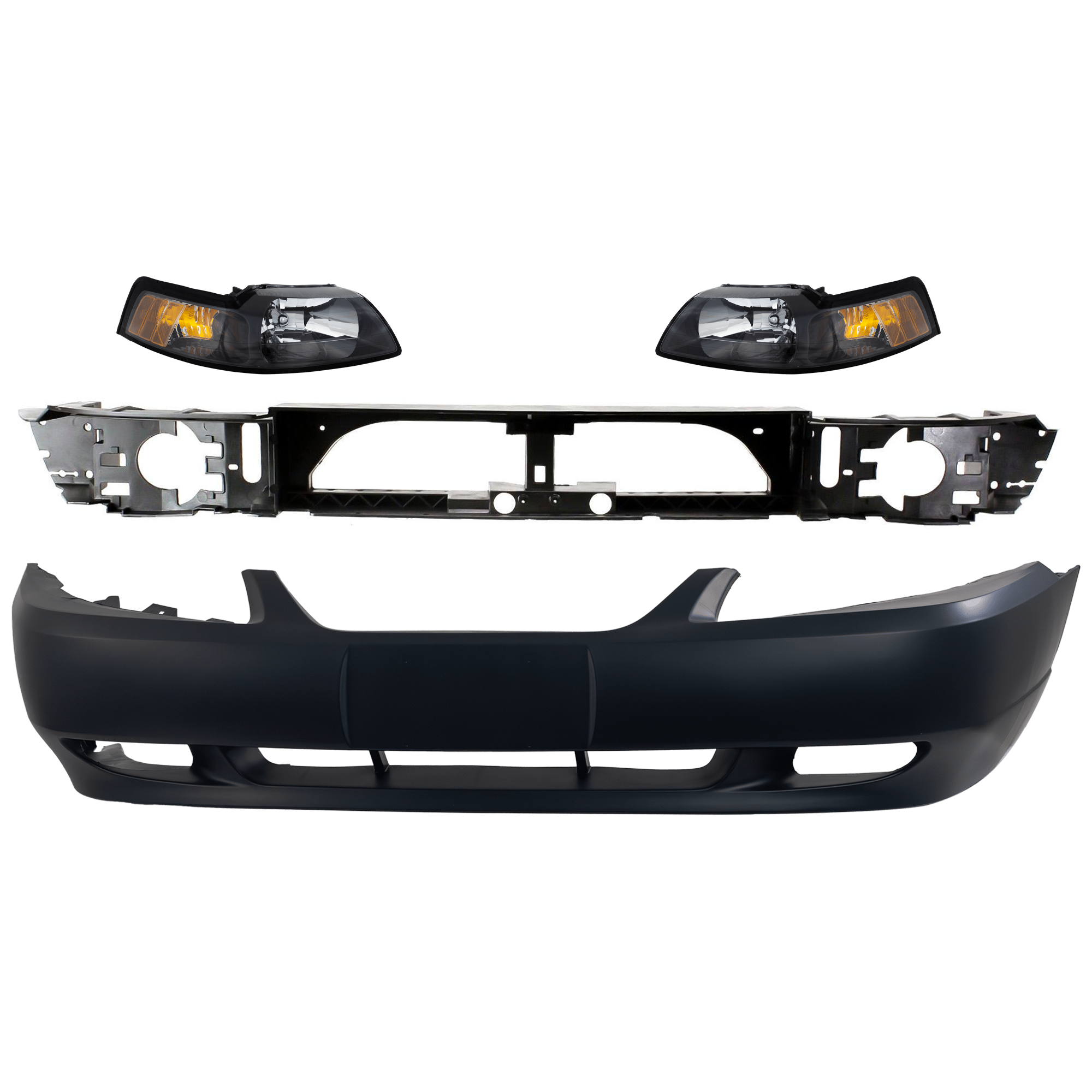AM MUSTANG 99-01 FRONT BUMPER COVER 4 pc Kit with Headlight and Header Panel SKU KIT 082224 C628 Partslink FO1000439 FO1221119 FO2503177 FO2502177 OEM YR3Z17D957GA 3R3Z8A284AA 3R3Z1