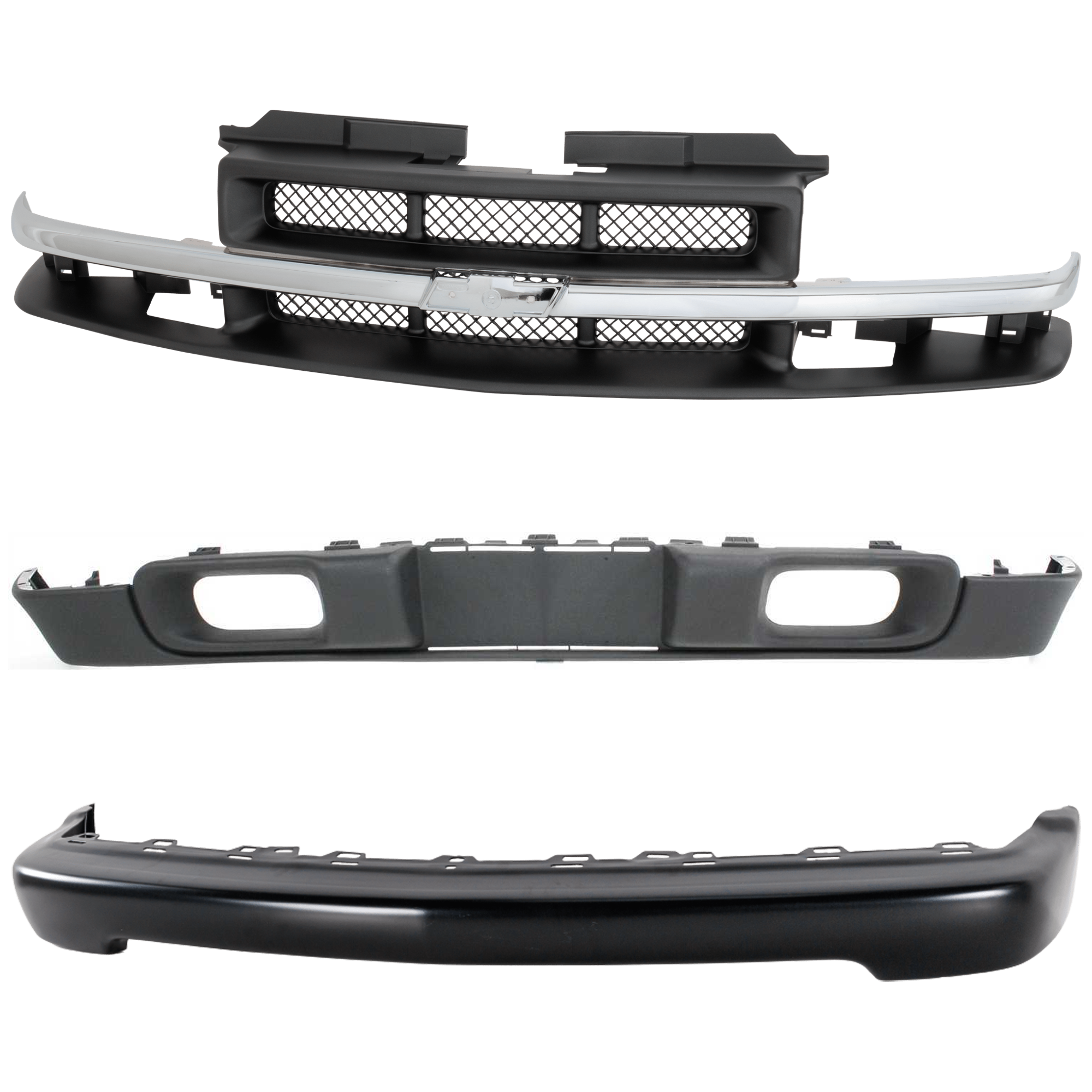 AM S10 PICKUP 98-04 FRONT BUMPER 3 pc Kit with Grille Assembly and Valance SKU KIT 082224 C646 Partslink GM1002367 GM1200419 GM1092164 OEM 15007660-15048519-88967926
