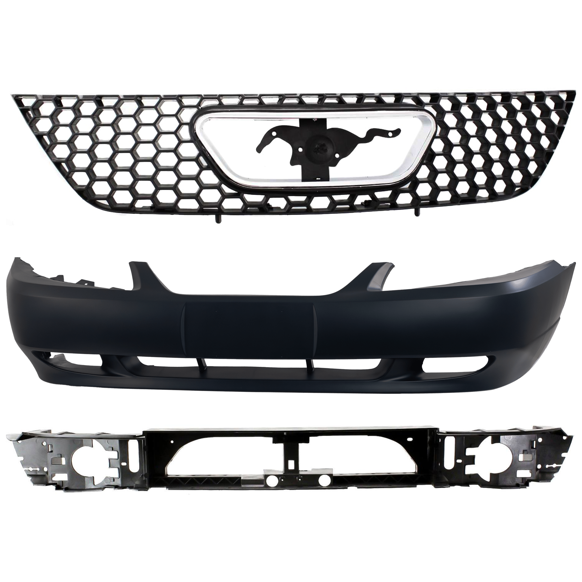 AM MUSTANG 99-04 FRONT BUMPER COVER 3 pc Kit with Grille Assembly and Header Panel SKU KIT 082224 C664 Partslink FO1000439 FO1200357 FO1221119 OEM YR3Z17D957GA XR3Z8200AA 3R3Z8A
