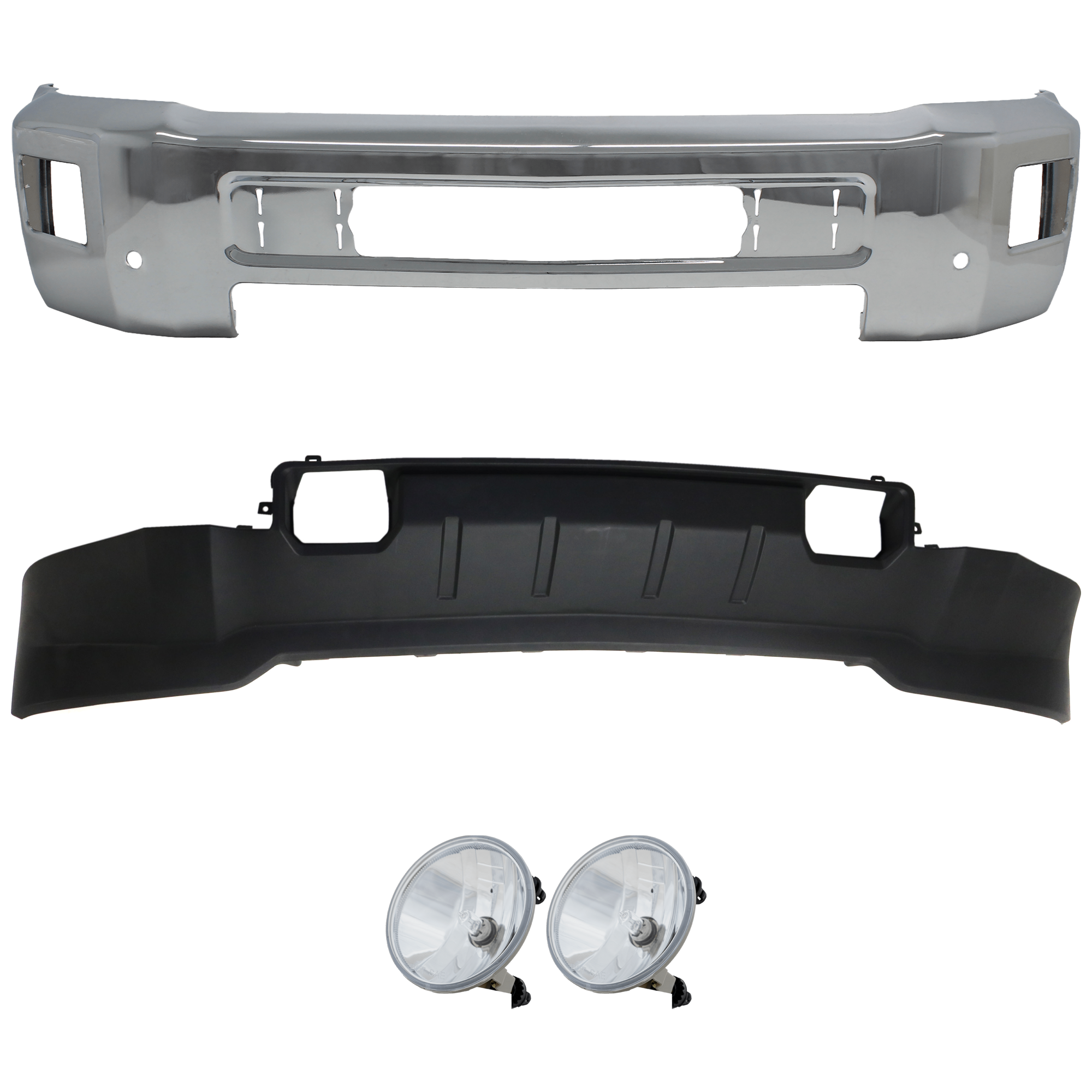 AM SILVERADO 2500 HD 3500 HD 15-19 FRONT BUMPER 4 pc Kit Chr with Valance and Fog Light SKU KIT 082224 C673 Partslink GM1002850 GM2590104 GM1092252 OEM 23229369-15839896-22978557