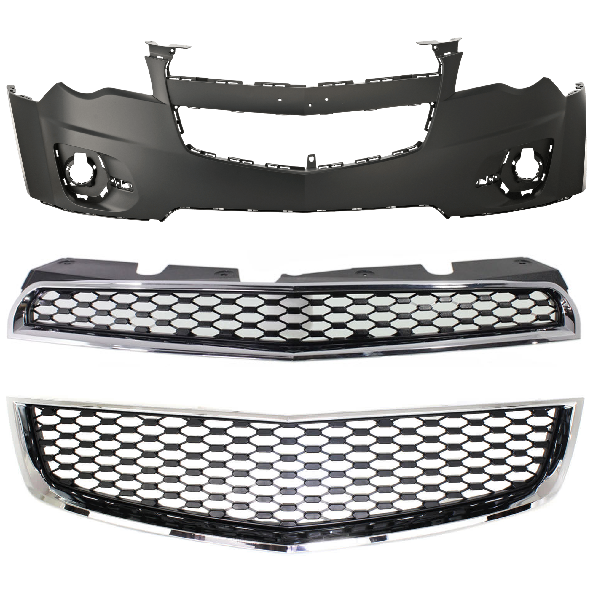 AM EQUINOX 10-15 FRONT BUMPER GRILLE Chrome Shell Painted Black Insert 3 pc Kit with Bumper Cover and Grille Assembly SKU KIT 082224 C676 Partslink GM1200621 GM1000907 GM1200622 OEM 25798747-20983230-25798744