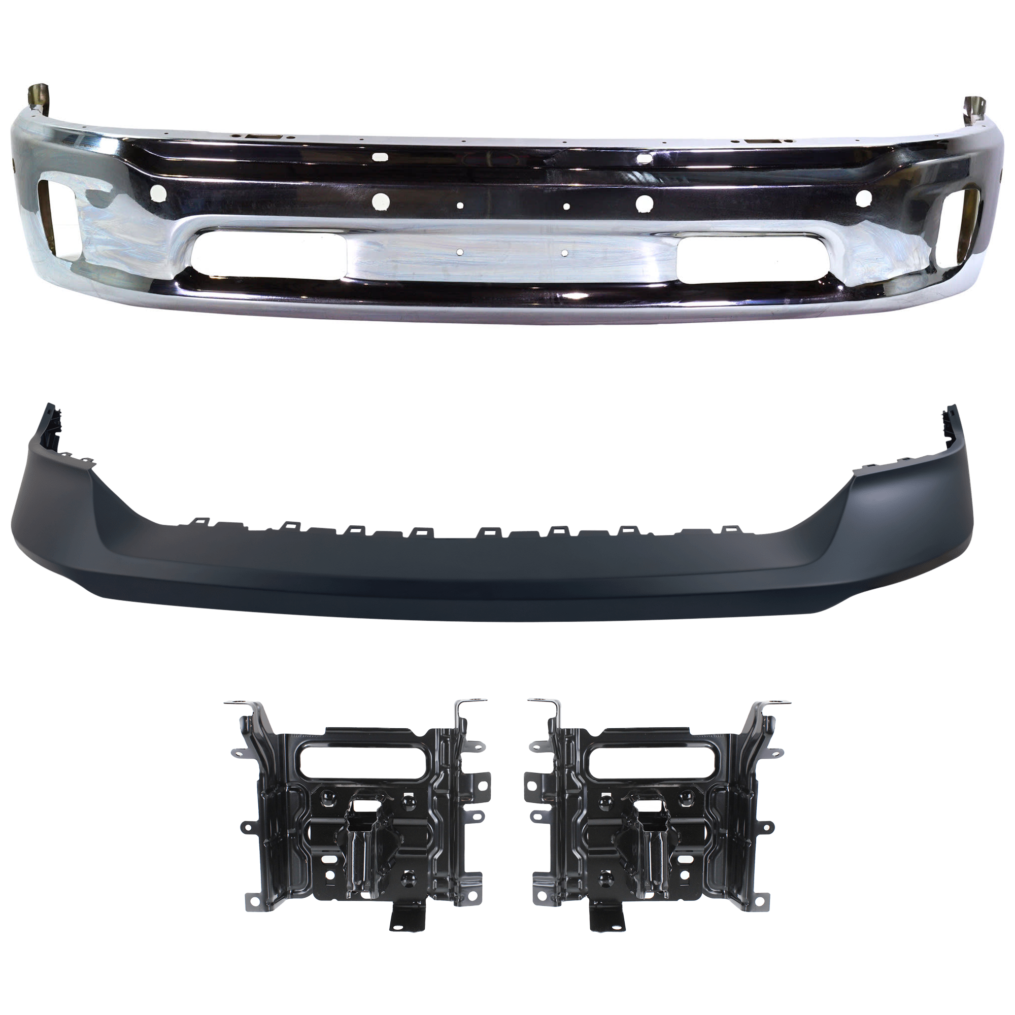 AM RAM 1500-14-18 FRONT BUMPER Lower Chrome 4 pc Kit with Bumper Cover and Bumper Bracket Includes 19-22-1500 Classic SKU KIT 082224 C682 Partslink CH1002402 CH1061104 CH1014108 OEM 68160857AA 68232485AA 68197697
