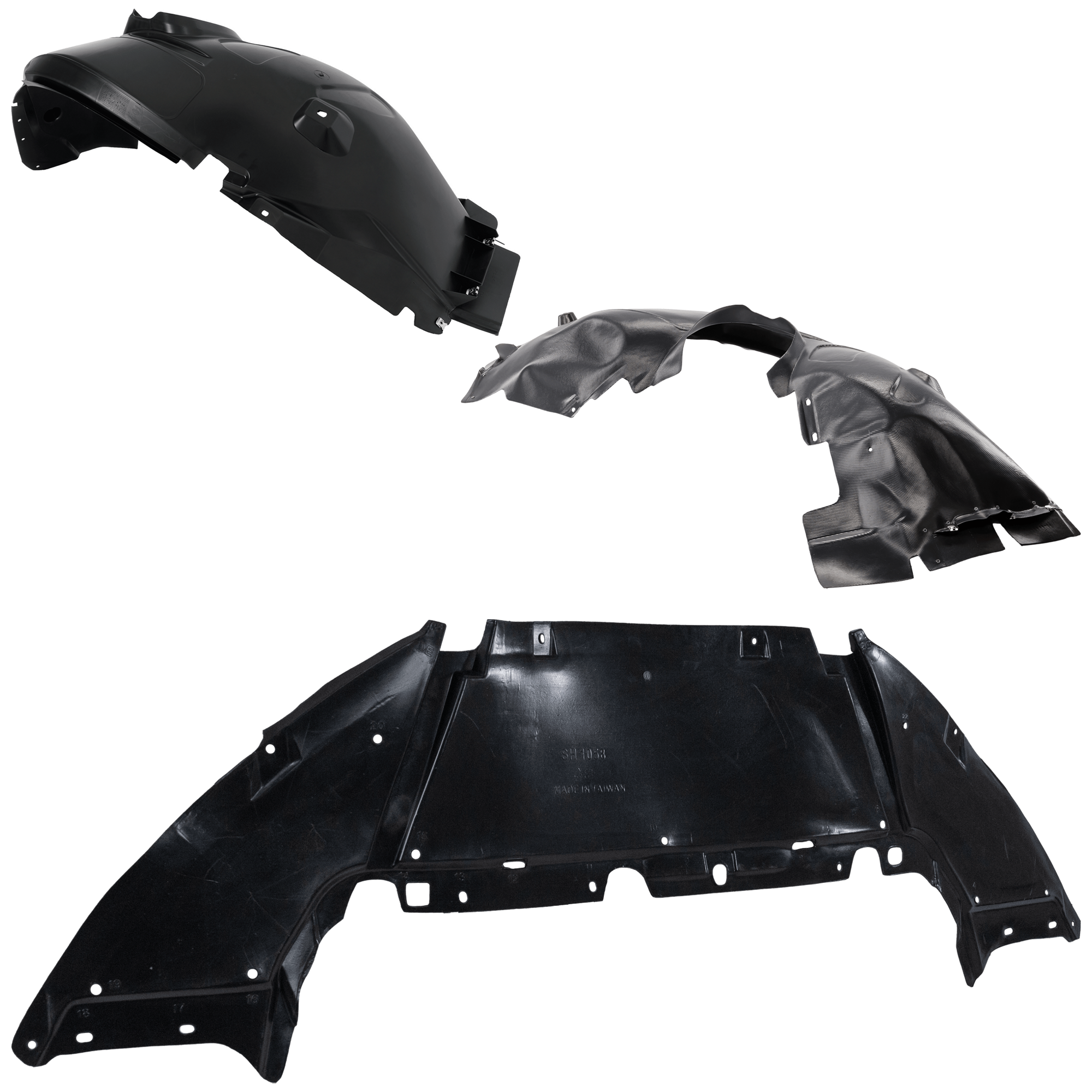 AM FOCUS 12-18 FRONT FENDER LINER RH AND LH 3 pc Kit with Engine Splash Shield SKU KIT 082224 C688 Partslink FO1248160 FO1249160 FO1228119 OEM AM5Z16102A AM5Z16103A CP9Z8310