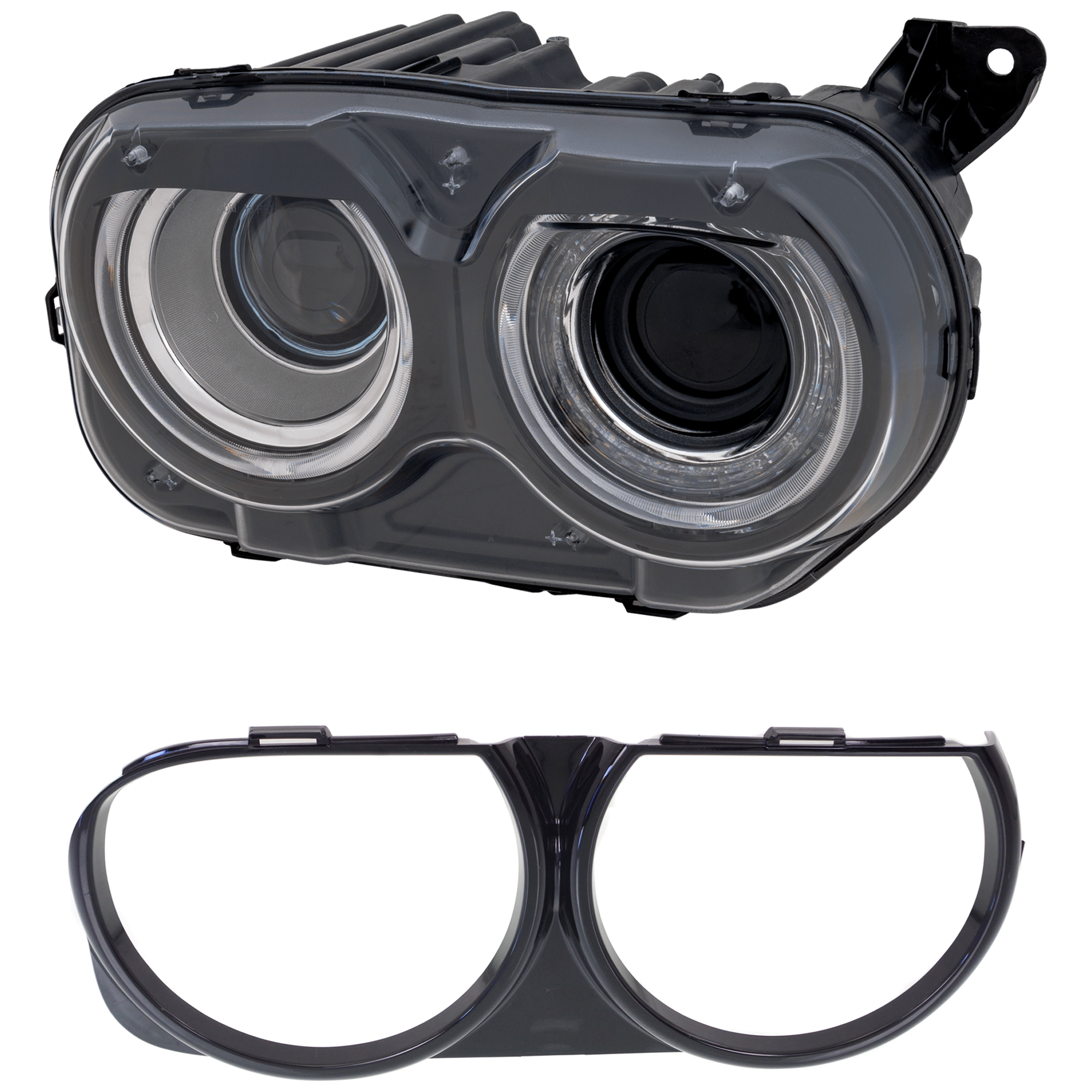 AM CHALLENGER 15-23 HEAD LAMP LH 2 pc Kit with Headlight Bezel SKU KIT 082224 C776 Partslink CH2503267 CH2511101 OEM 68174064AG 68174064AF 68259052