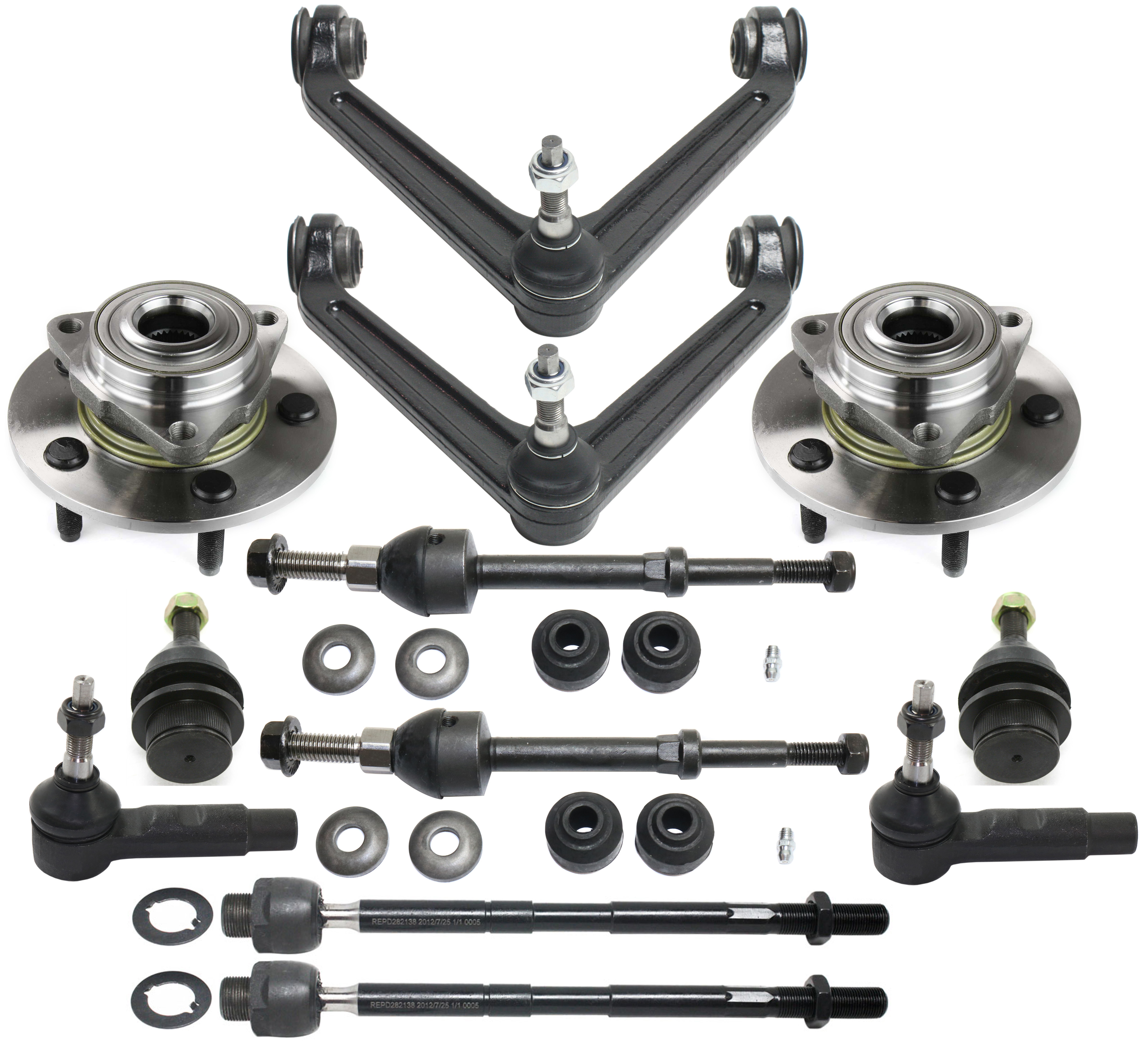 AM RAM 1500-02-05 FRONT CONTROL ARM KIT RH AND LH Upper 12 pc kit with Ball Joints Sway Bar Links Tie Rod Ends and Wheel Hubs SKU KIT 082317-56 OEM 104333-2601556-5051294-45D2294