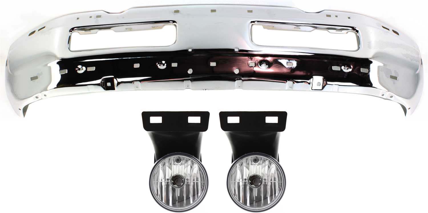 AM DODGE FULL SIZE P U 99-02 FRONT BUMPER 3 pc Kit Chrome with Fog Lights SKU KIT 082417-80 Partslink CH1002256 CH1002172 CH2592120 CH2593120 OEM 55076599AG 55274749-55076941AB