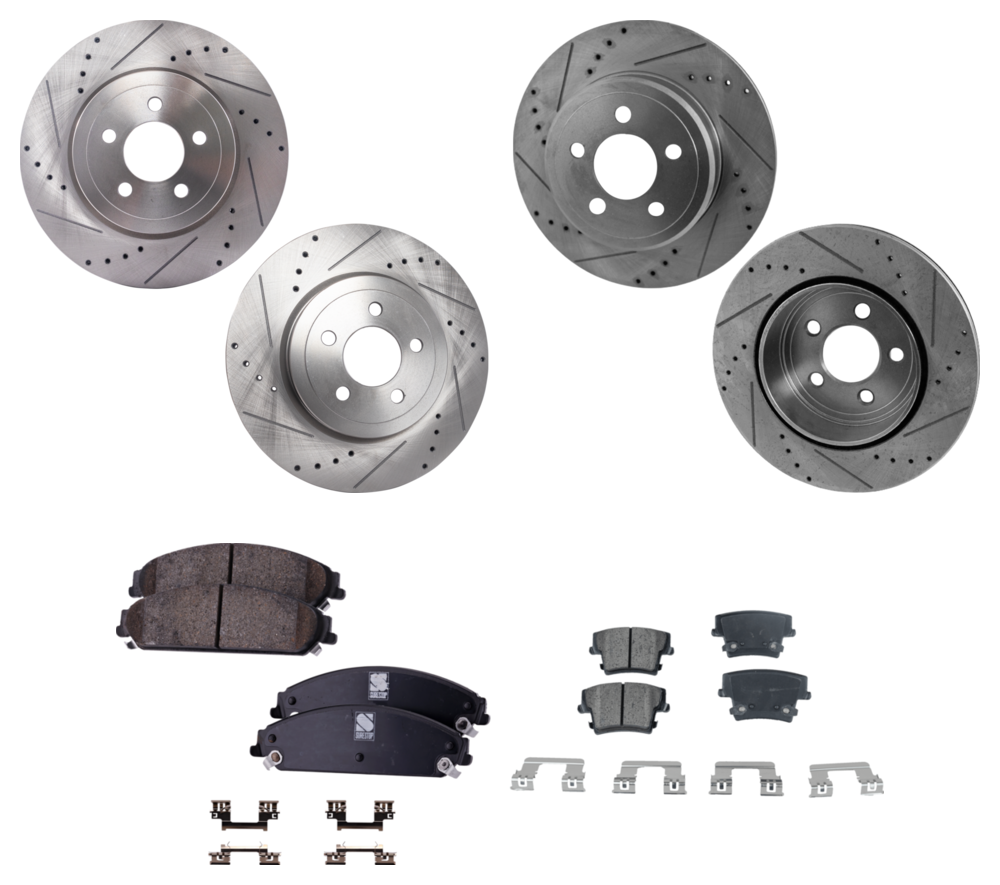 AM CHRYSLER 300-05-13 CHALLENGER 12-19 FRONT AND REAR BRAKE DISC AND PAD KIT 4 Wheel Set Cross drilled and Slotted 5 Lugs Ceramic SKU KIT 082722-03 OEM 27355-53024-145568-780257