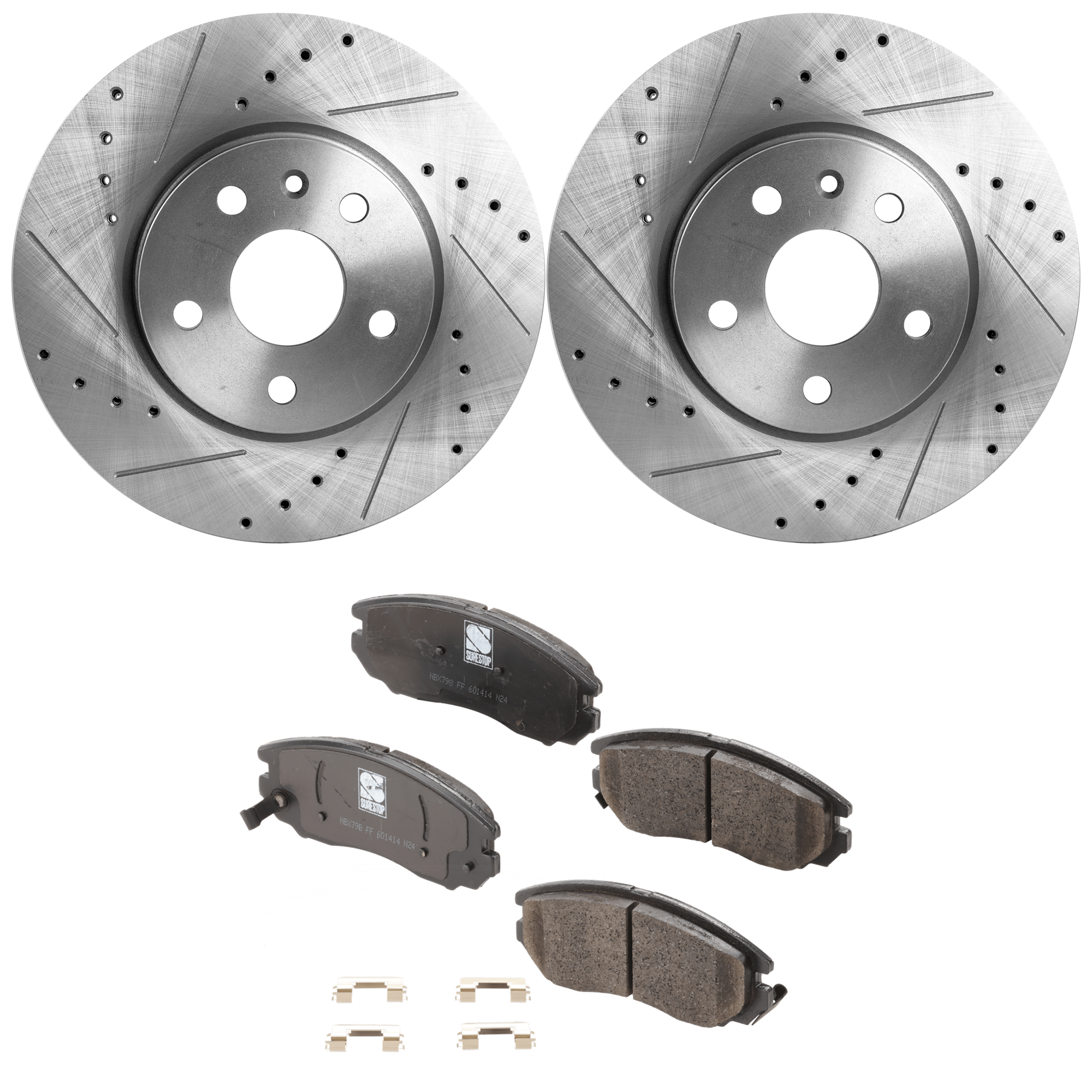 AM EQUINOX 10-17 IMPALA 20 FRONT BRAKE DISC AND PAD KIT 4 pc kit Cross drilled and Slotted SKU KIT 082722-04 OEM 41260-55174-493112-850160-8862