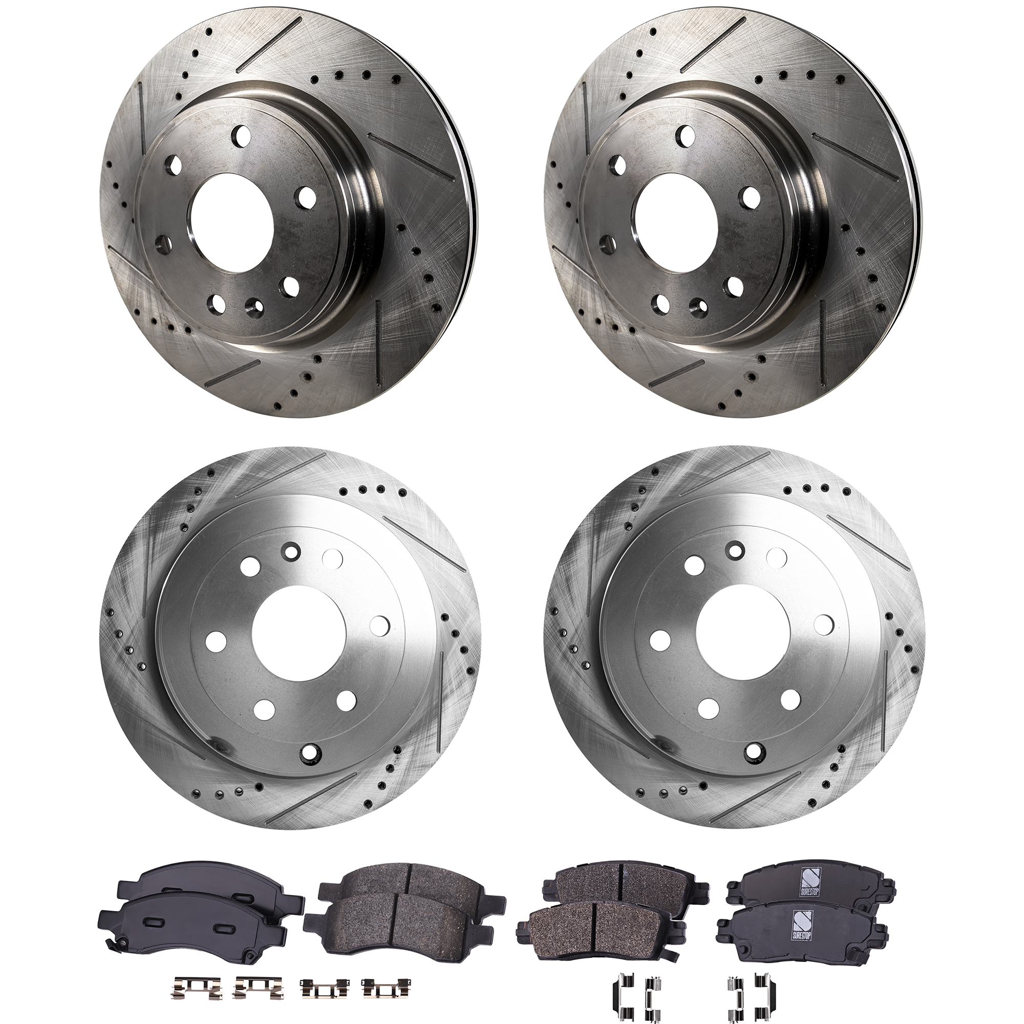 AM ACADIA 07-16 FRONT AND REAR BRAKE DISC AND PAD KIT 4 Wheel Set Cross drilled and Slotted SKU KIT 082722-05 OEM 41-233-551-516-043-800-000-000-000