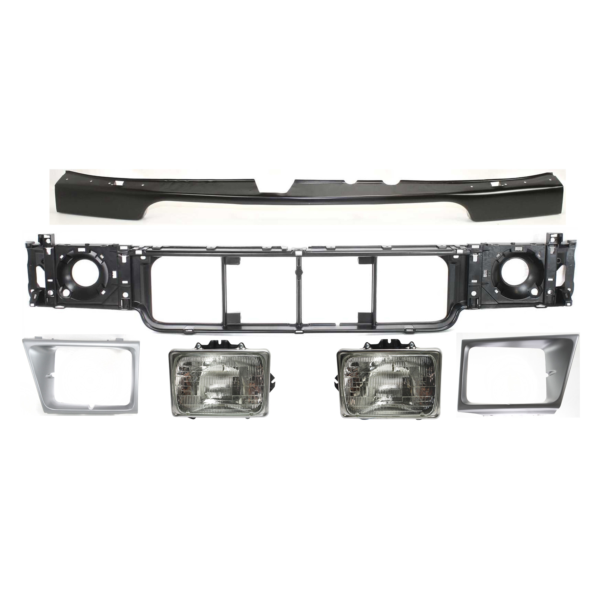 AM ECONOLINE VAN 97-02 HEADER PANEL 6 pc Kit with Bumper Filler Headlight Doors and Headlights SKU KIT 082917-17 Partslink FO1221114 FO1092175 FO2500126 FO2501126 FO2512158 FO2513158 OEM F7UZ8A284AA 1C2Z17779AA F3UZ13