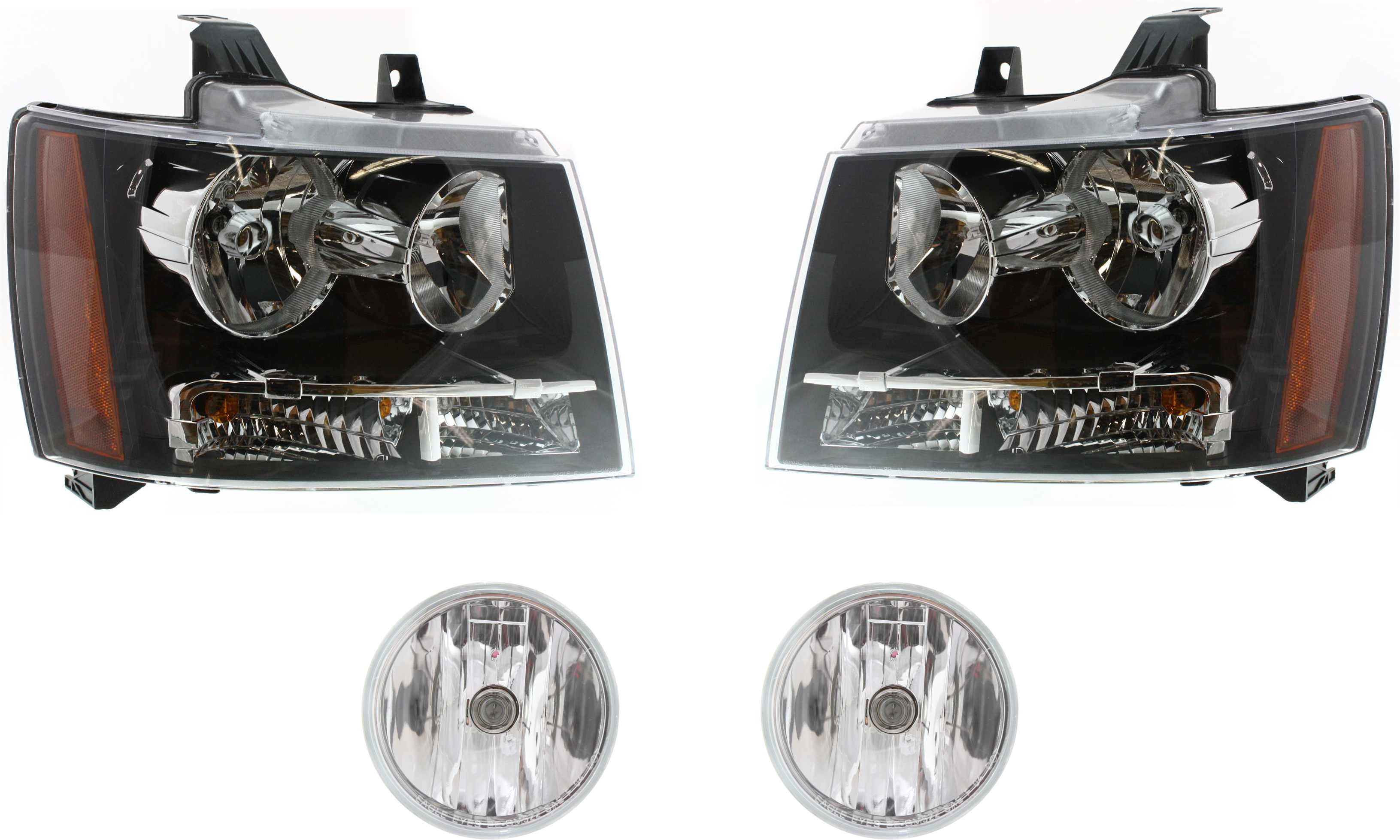 AM SUBURBAN 1500 TAHOE 07-14 HEAD LAMP RH AND LH Assembly Halogen 4 pc Kit with Fog Lights SKU KIT 082918-02 Partslink GM2503263 GM2502263 GM2590104 OEM 22853026-22853025-15839896