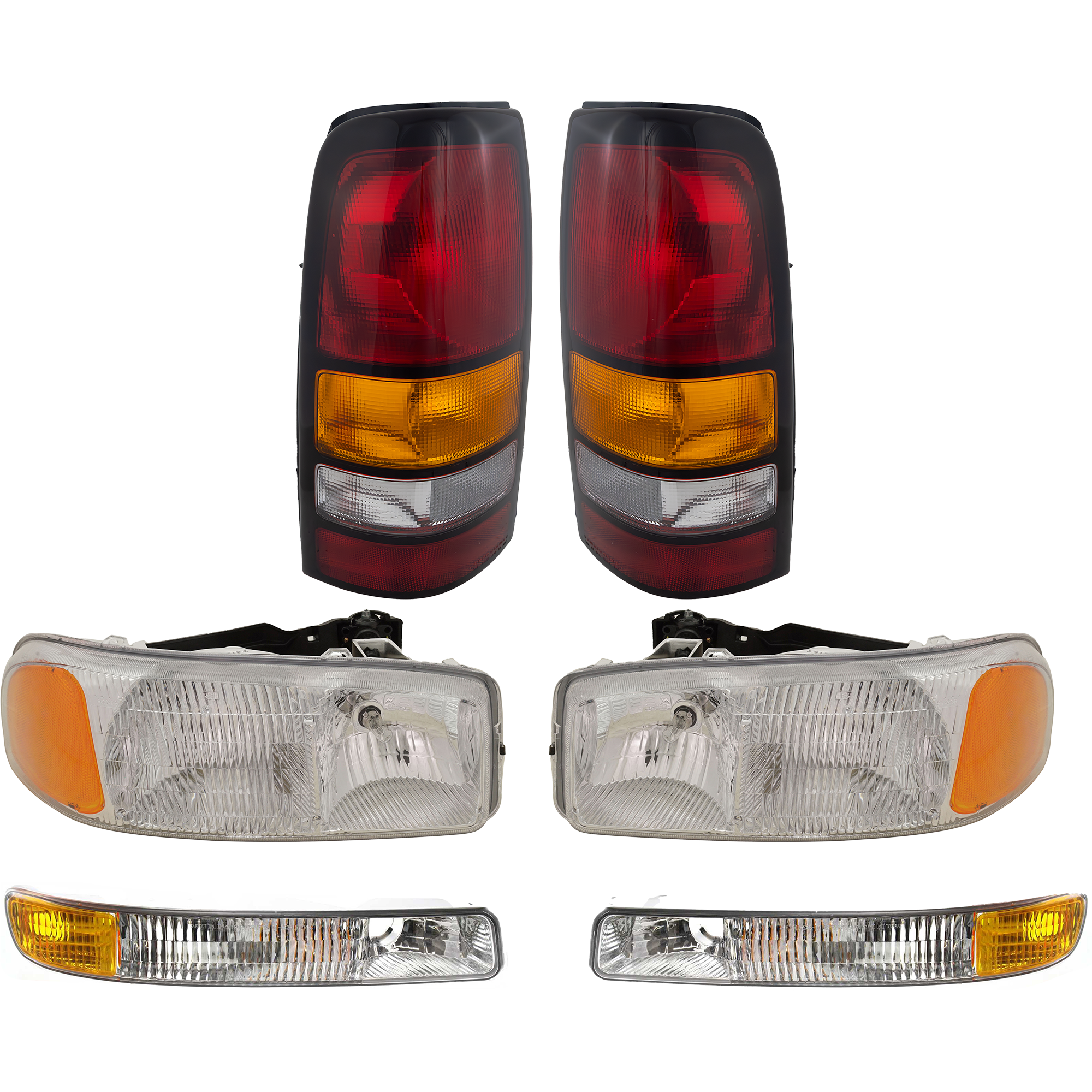 AM SIERRA P U 04-07 TAIL LAMP RH AND LH 6 pc Kit with Headlight and Parking Light SKU KIT 082918-04 Partslink GM2502188 GM2503188 GM2520174 GM2521174 GM2800177 GM2801177 OEM 19169022-19169021-15850351-158