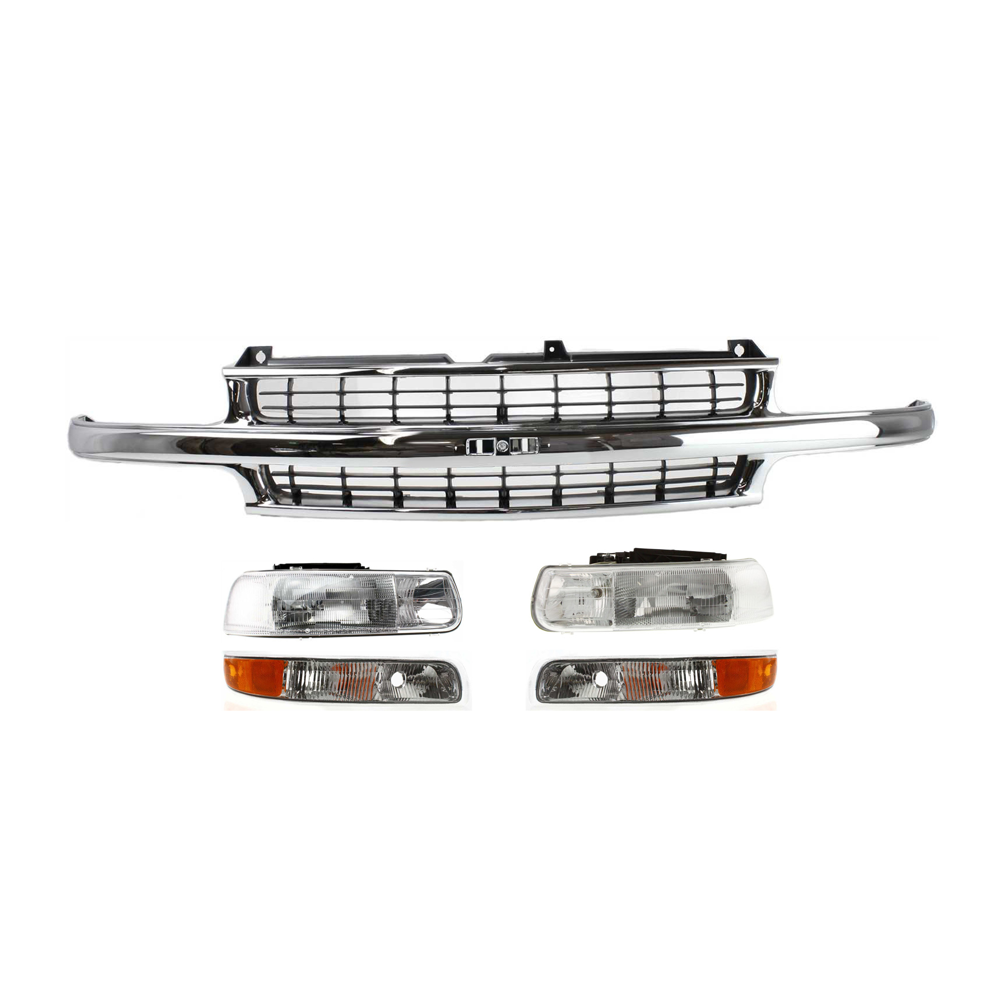 AM SILVERADO 99-02 TAHOE 00-06 GRILLE 5 pc Kit with Headlights and Parking Lights SKU KIT 082918-05 Partslink GM1200442 GM2502187 GM2503187 GM2520173 GM2521173 OEM 88968934-16526133-16526134-151