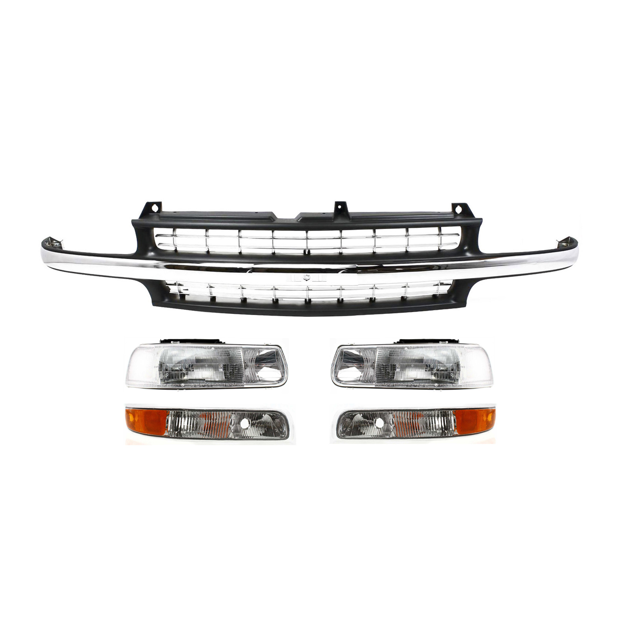 AM SILVERADO 99-02 TAHOE 00-06 GRILLE 5 pc Kit with Headlights and Parking Lights SKU KIT 082918-14 Partslink GM1200424 GM2502187 GM2503187 GM2520173 GM2521173 OEM 15764313-16526133-16526134-151