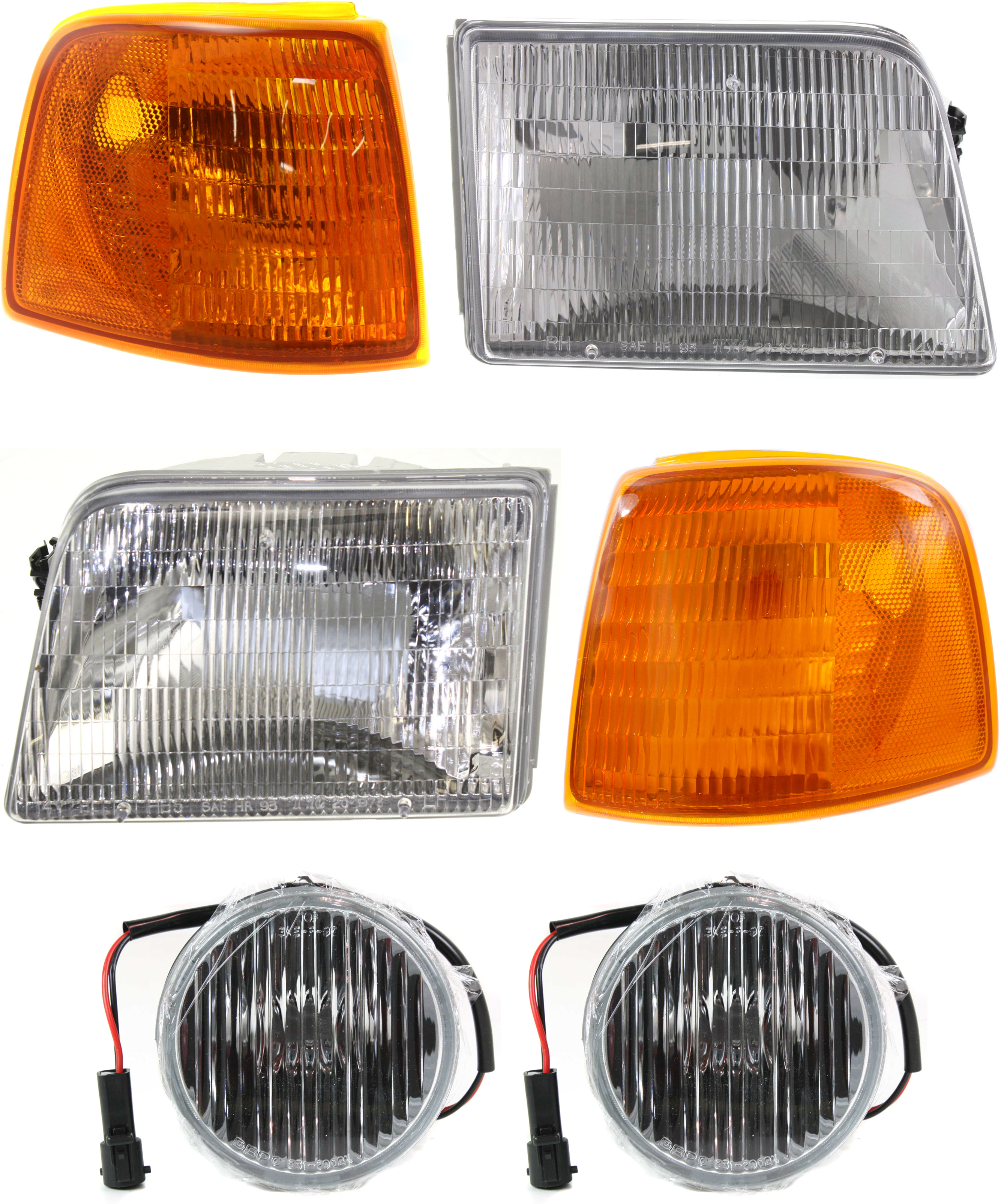 AM RANGER 93-97 FOG LAMP RH AND LH 6 pc kit Assembly Halogen includes Corner Light and Headlight SKU KIT 082918-17 Partslink FO2592110 FO2520118 FO2521116 FO2502119 FO2503115 OEM F67Z15200AA F37Z13201A F37Z132