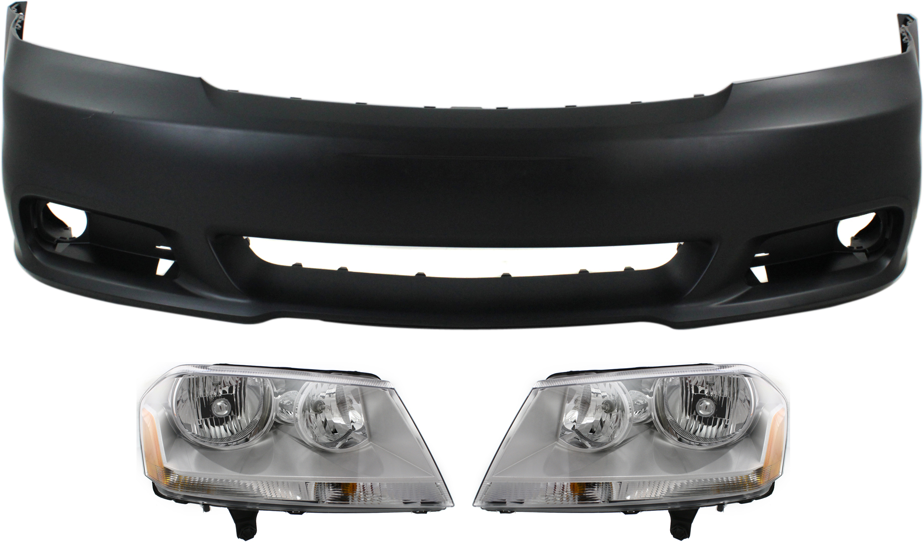 AM AVENGER 11-14 FRONT BUMPER COVER 3 pc Kit with Headlights SKU KIT 083018-40 Partslink CH1000996 OEM 68081991AB 68081991AC 68081991
