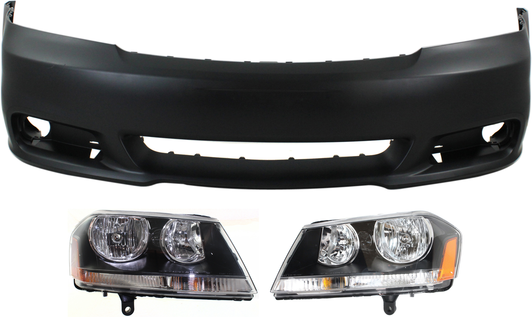 AM AVENGER 12-14 FRONT BUMPER COVER 3 pc Kit with Headlights CAPA SKU KIT 083018-54 Partslink CH1000996C OEM 5303744AD PFM 5303745AD PFM 68