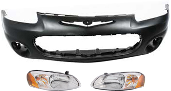 AM SEBRING 01-03 FRONT BUMPER COVER 3 pc Kit with Headlights SKU KIT 083018-64 Partslink CH1000317 CH2502143 CH2503143 OEM 4805439AB 4805821AD 4805821AA