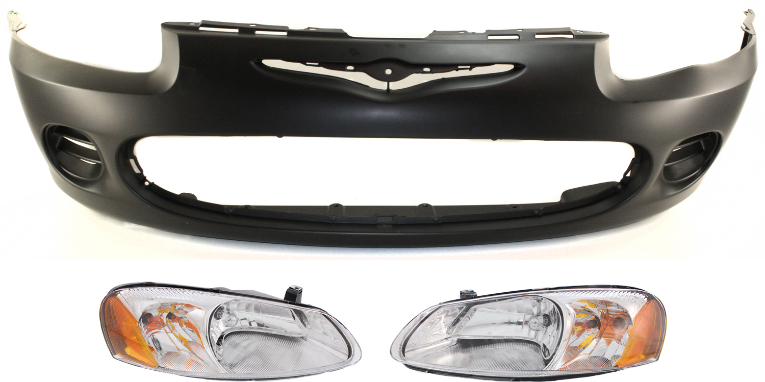 AM SEBRING 01-03 FRONT BUMPER COVER 3 pc Kit Sedan with Headlights SKU KIT 083018-68 Partslink CH1000322 CH2502143 CH2503143 OEM 4805255AB 4805821AD 4805821AA