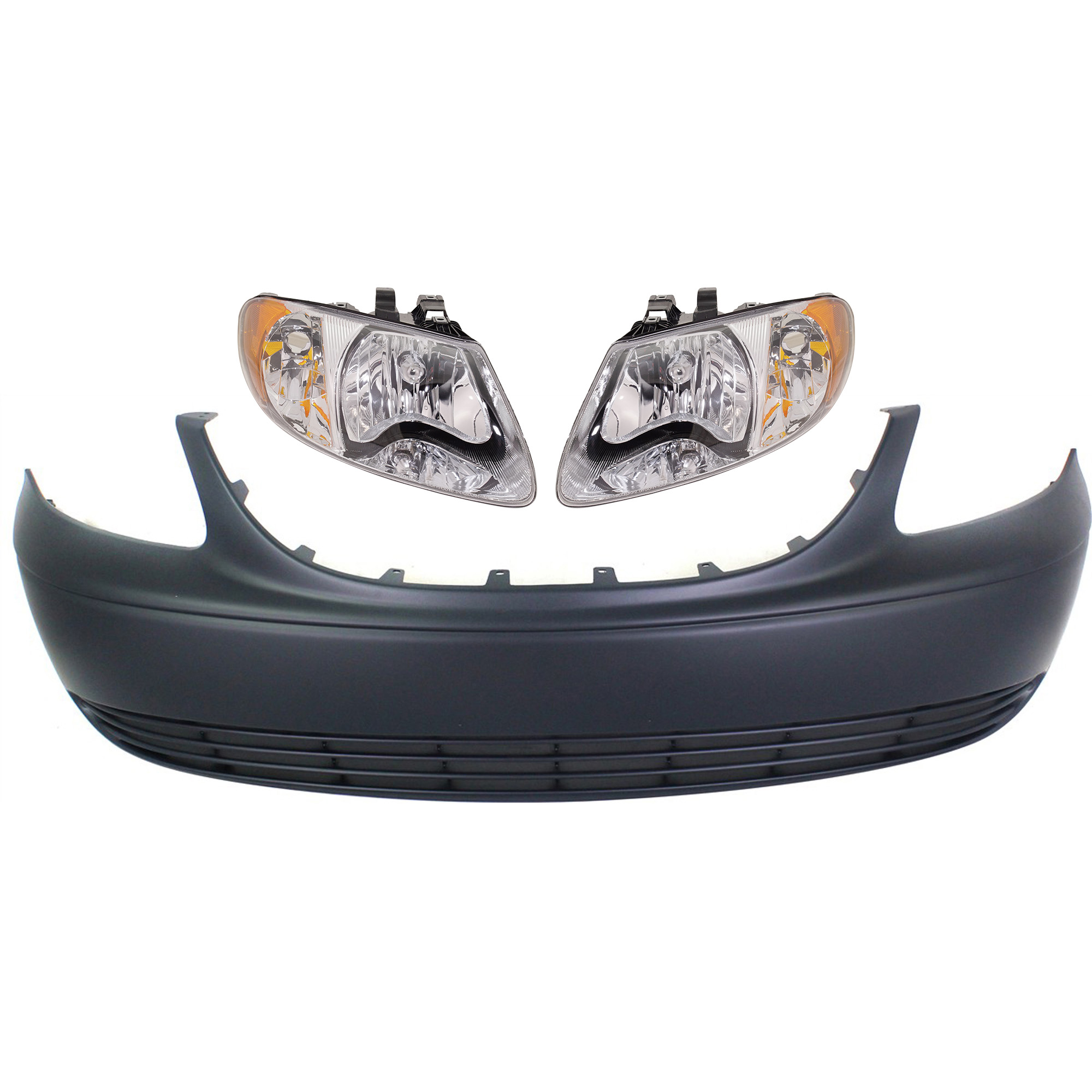 AM TOWN COUNTRY 01-04 FRONT BUMPER COVER 3 pc Kit with Headlights SKU KIT 083018-70 Partslink CH1000320 OEM 5018611AA 4857701AC PFM 485770