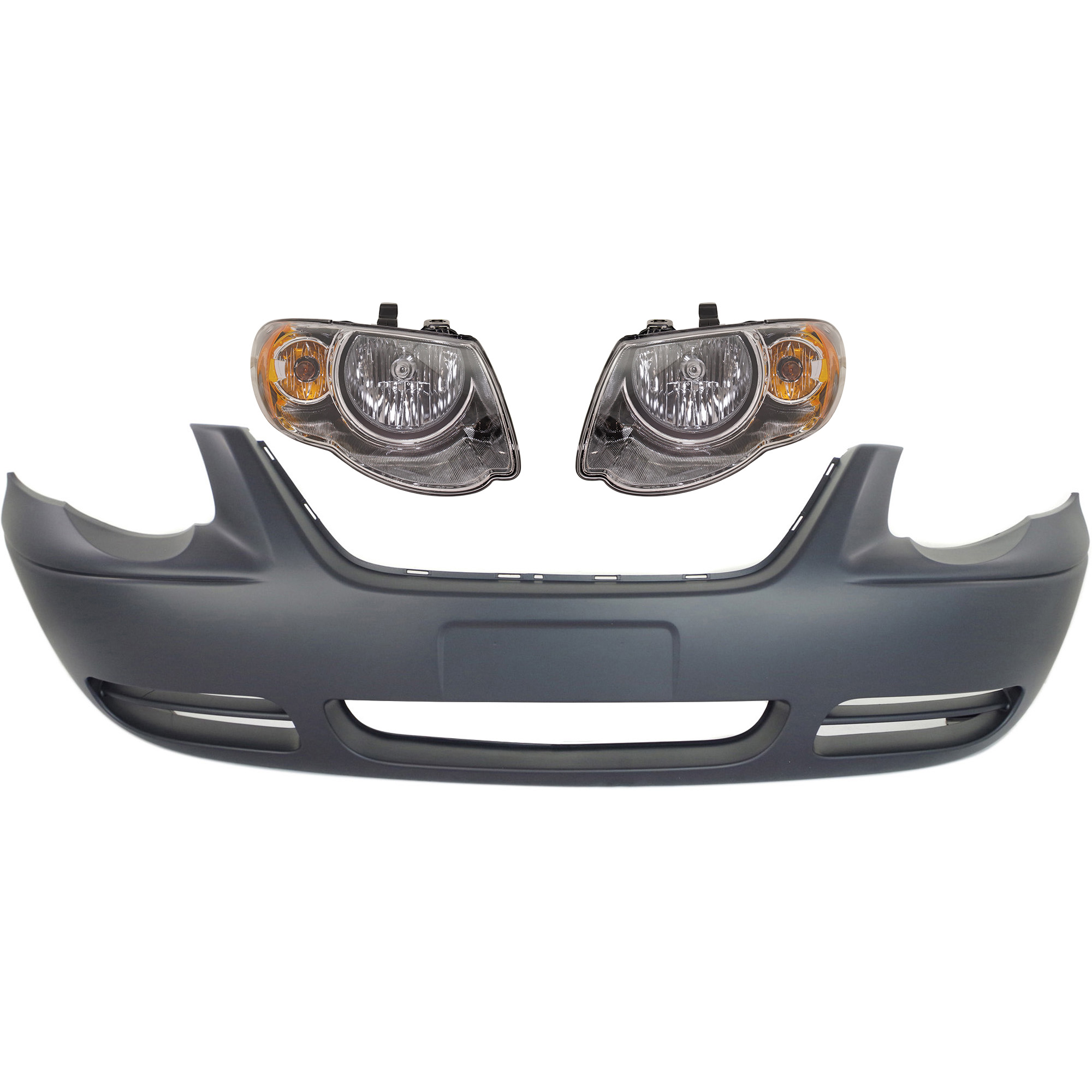 AM TOWN COUNTRY 05-07 FRONT BUMPER COVER 3 pc Kit with Headlights SKU KIT 083018-76 Partslink CH1000434 CH2502152 CH2503152 OEM 5139120AA 4857991AD 4857990AD