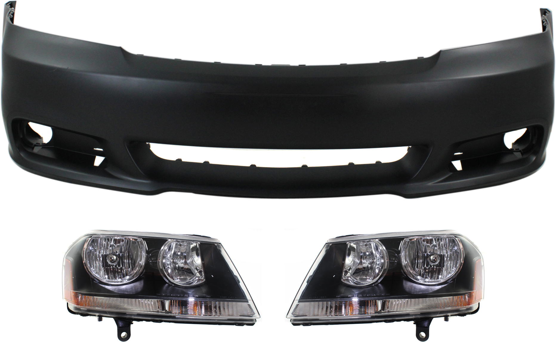 AM AVENGER 12-14 FRONT BUMPER COVER 3 pc kit with Headlights SKU KIT 083018-81 Partslink CH1000996 OEM 68081991AB 68081991AC 68081991