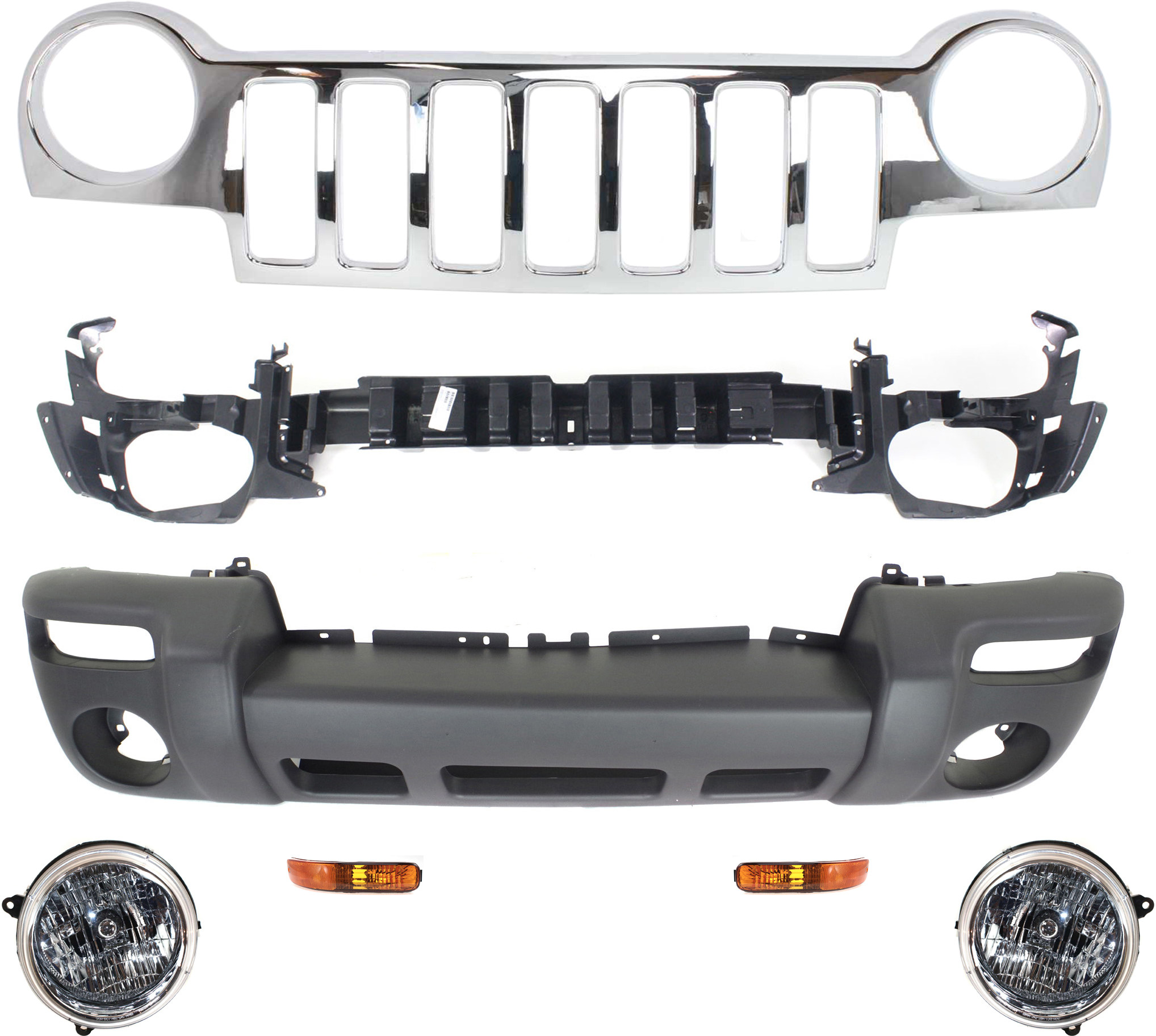 AM LIBERTY 02-03 GRILLE 7 pc Kit with Bumper Absorber Bumper Cover Headlights and Parking Lights SKU KIT 083020-01 Partslink Performance CH1070127 CH1000367 CH2503136 CH2502136 CH2521139 CH2520139 OEM 55156608AB PFM 55156042AD 5GJ6