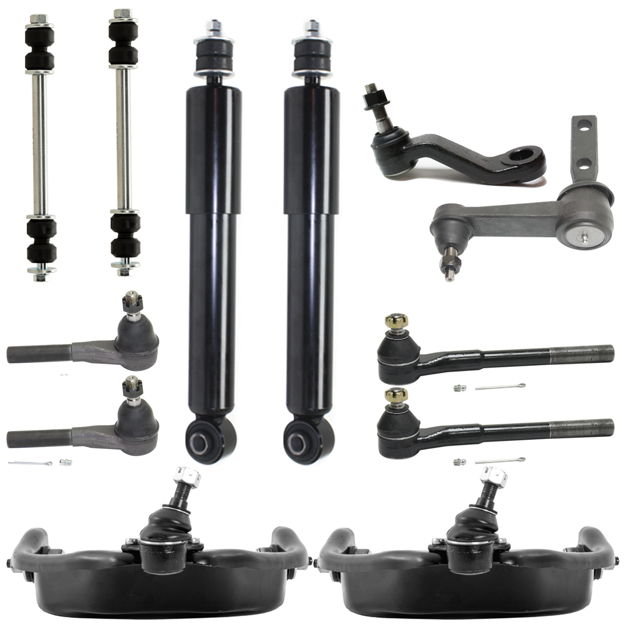 AM DODGE FULL SIZE P U 00-02 FRONT SUSPENSION KIT RH AND LH 12 pc Kit w Control Arm Idler Arm Pitman Arm Shock Absorber Sway Bar Link and Tie Rod End SKU KIT 083117-15 OEM 52106678AA 190168-2683719-4501