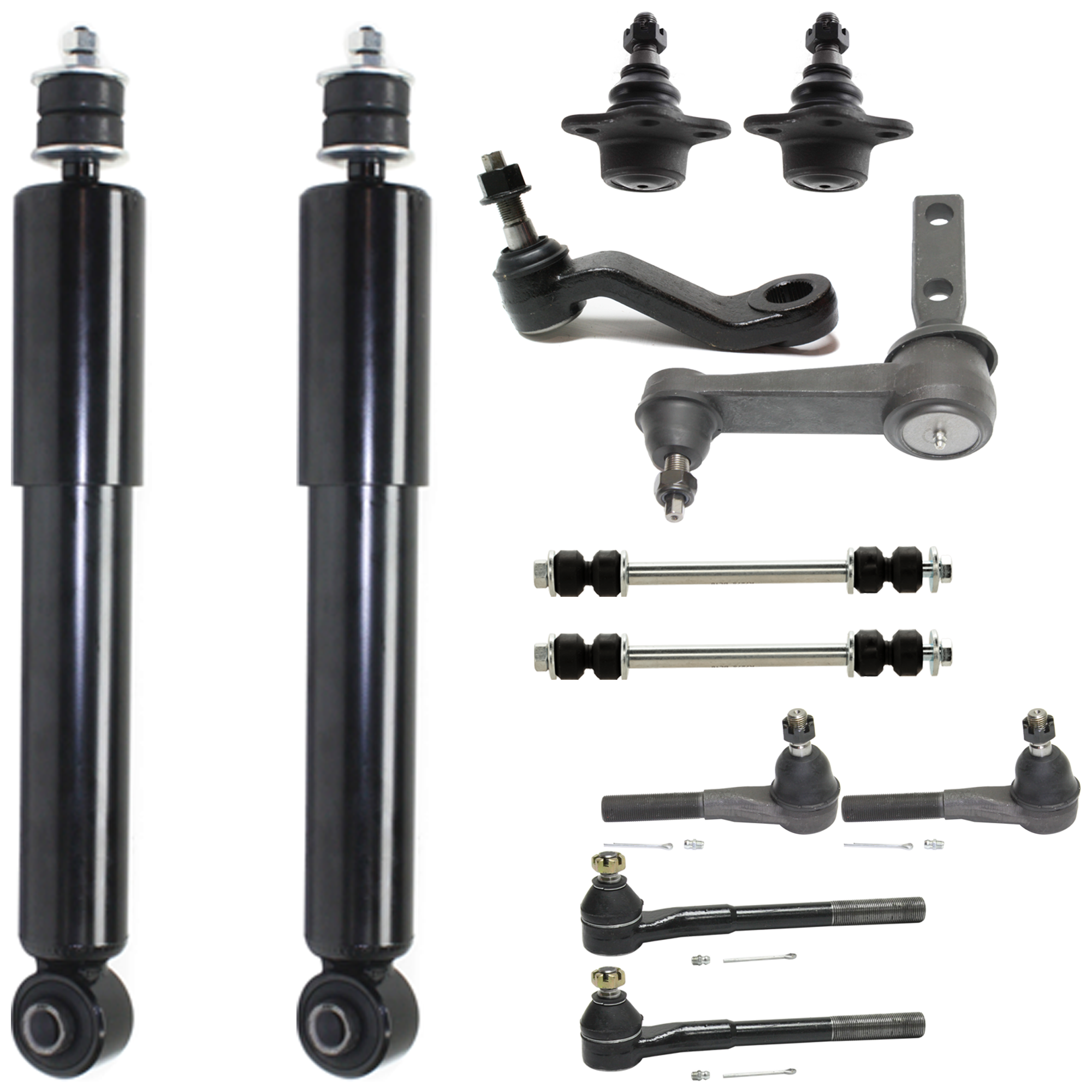 AM DODGE FULL SIZE P U 00-02 FRONT SUSPENSION KIT RH AND LH 12 pc Kit with Ball Joints Idler Arm Pitman Arm Shock Absorbers Sway Bar Links and Tie Rod Ends SKU KIT 083117-18 OEM 104278-521882-2601532-5001105