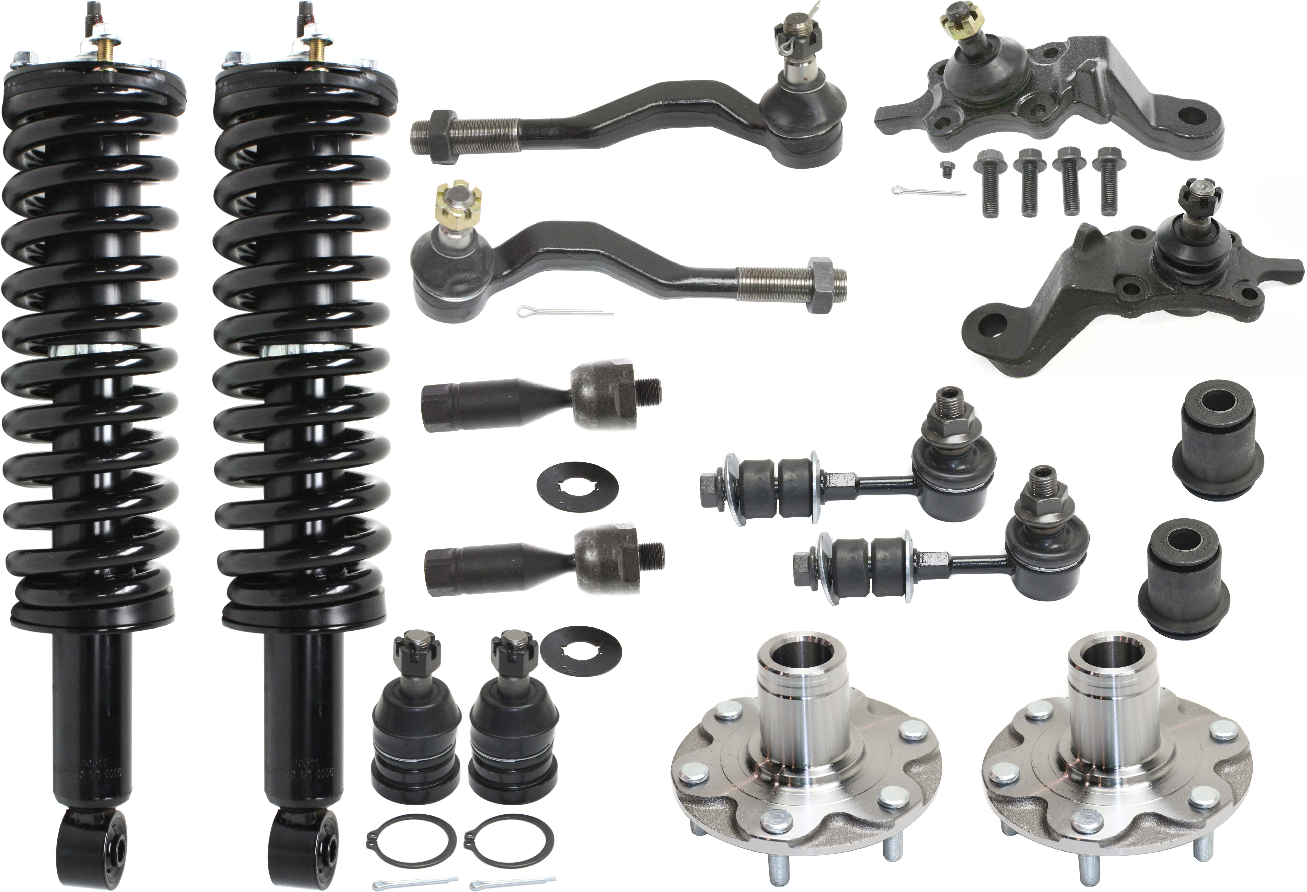 AM TACOMA 96-00 FRONT SUSPENSION KIT RH AND LH 16 pc kit with Ball Joints Control Arm Bushings Loaded Struts Sway Bar Links Tie Rod Ends and Wheel Hubs SKU KIT 083117-38 OEM 104279-1014817-2601565-5001