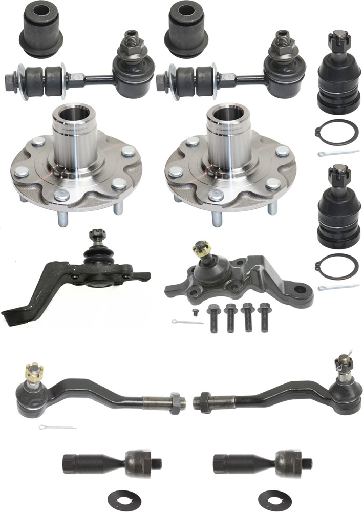 AM TACOMA 96-00 FRONT SUSPENSION KIT RH AND LH 14 pc kit with Ball Joints Control Arm Bushings Sway Bar Links Tie Rod Ends and Wheel Hubs SKU KIT 083117-39 OEM 104279-1014817-2601565-5001