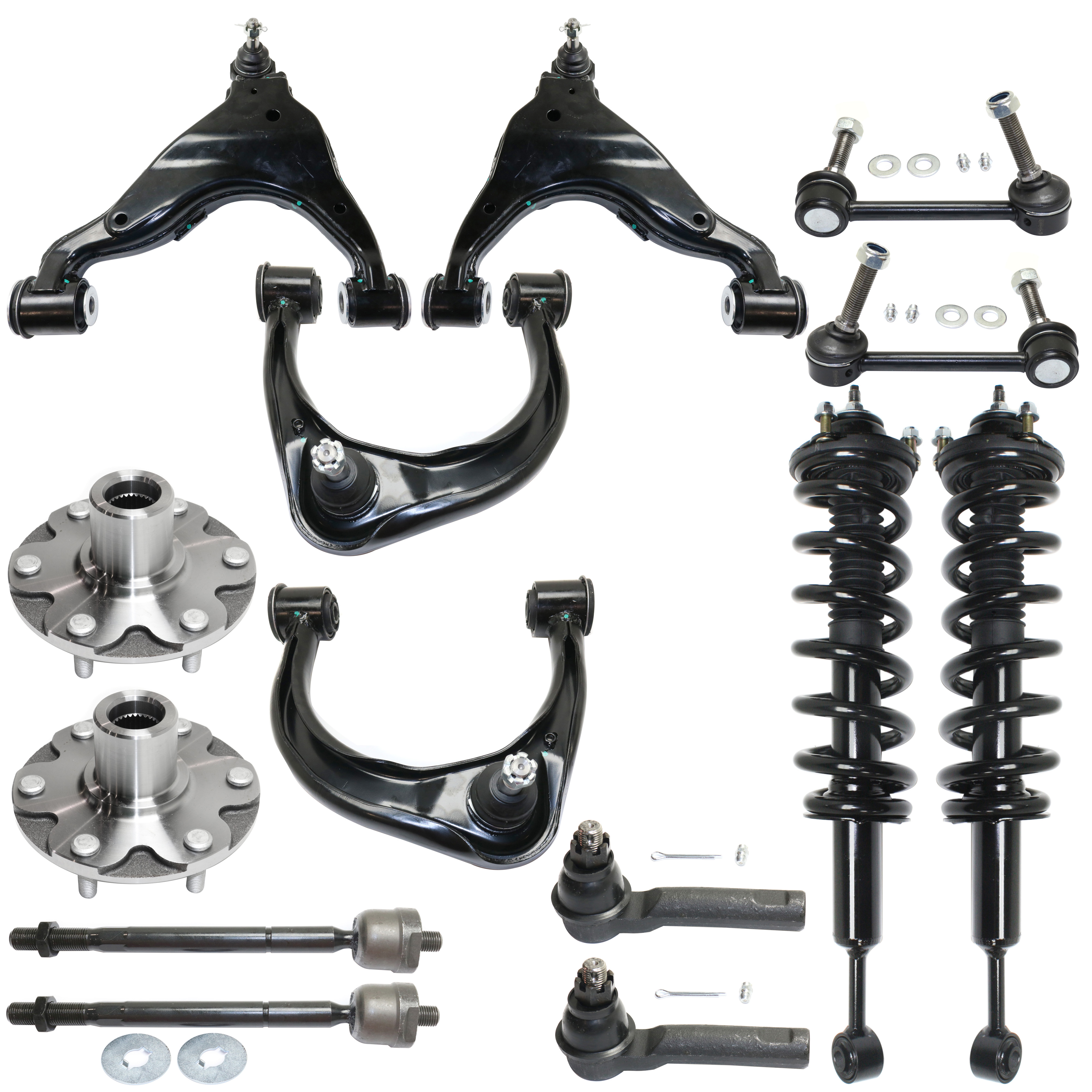 AM TACOMA 05-09 FRONT CONTROL ARM RH AND LH Upper and Lower 14 pc kit with Ball Joint Control Arm Loaded Strut Sway Bar Link Tie Rod End and Wheel Hub SKU KIT 083117-46 OEM 4-806-904-040-480-680-000-000-000-000