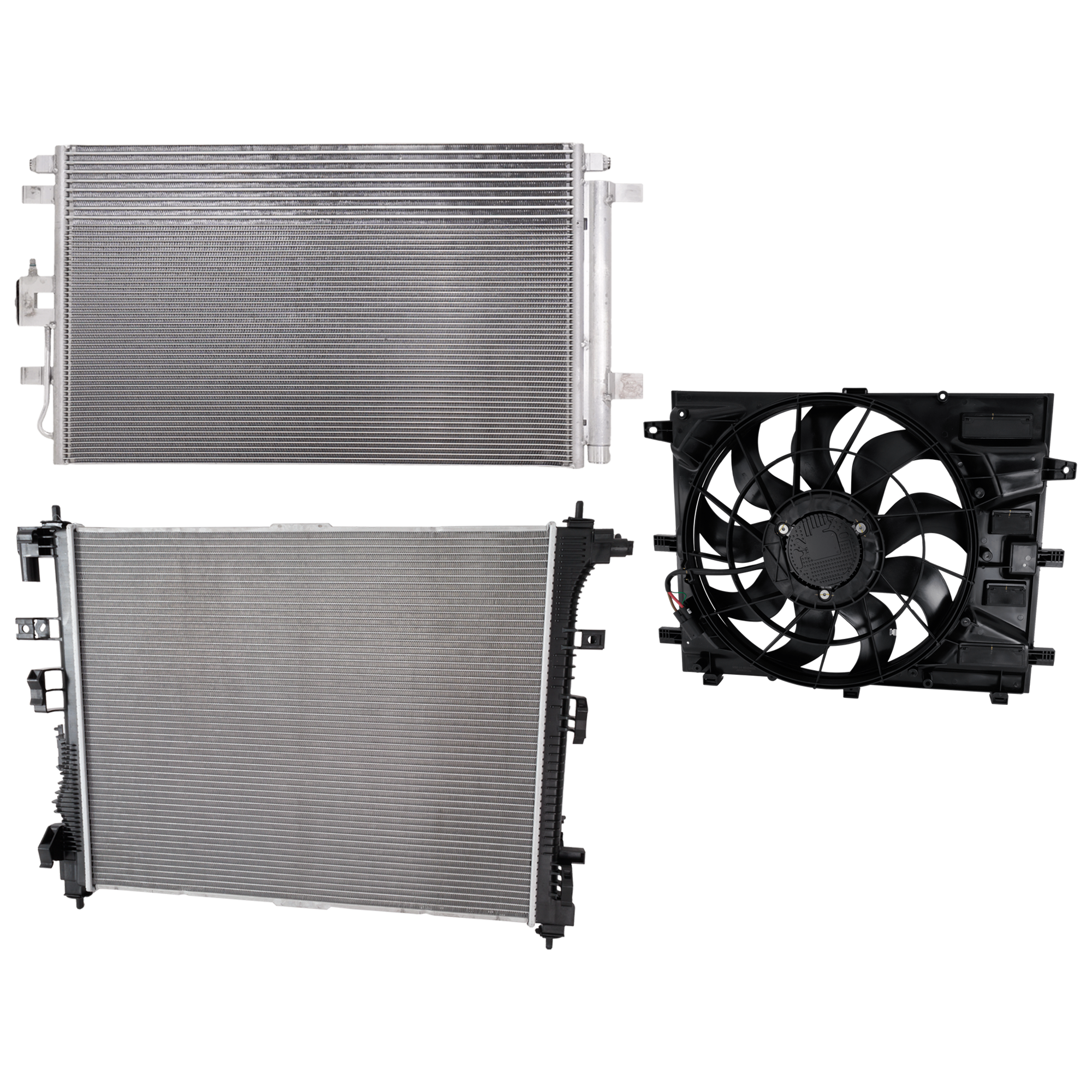 AM EQUINOX TERRAIN 20-20 A C CONDENSER RADIATOR COOLING FAN KIT 3 pc kit 2.0L Eng. 4 Cyl. SKU KIT 083124-05 Partslink GM3030324 GM3115344 GM3115353 GM3010606 OEM 23270537-84782534-84847895-845