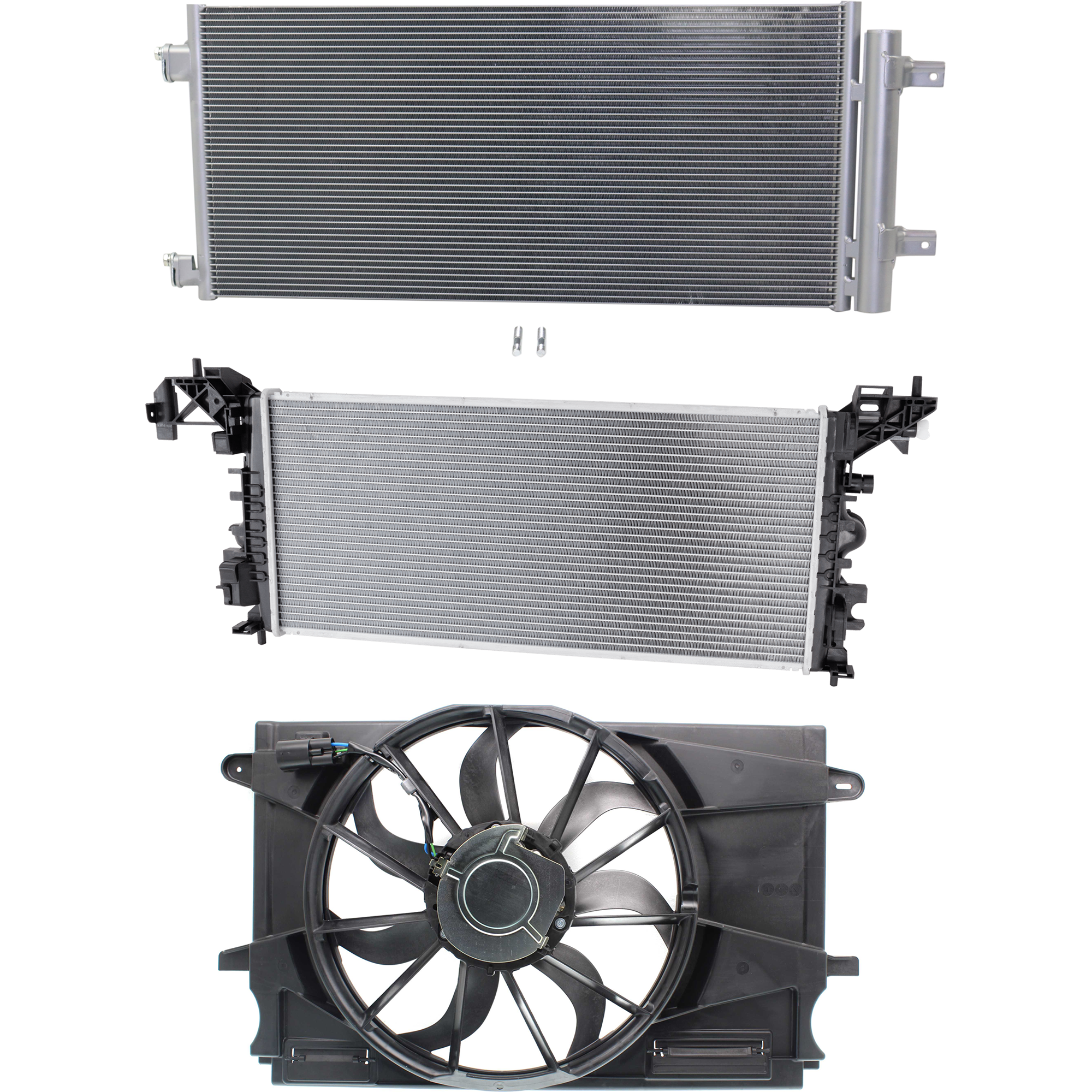 AM CRUZE 16-16 A C CONDENSER RADIATOR COOLING FAN KIT 3 pc kit 1.4L Eng. 4 Cyl. SKU KIT 083124-08 Partslink GM3030317 GM3115290 GM3010592 OEM 39011385-39012568-39126594