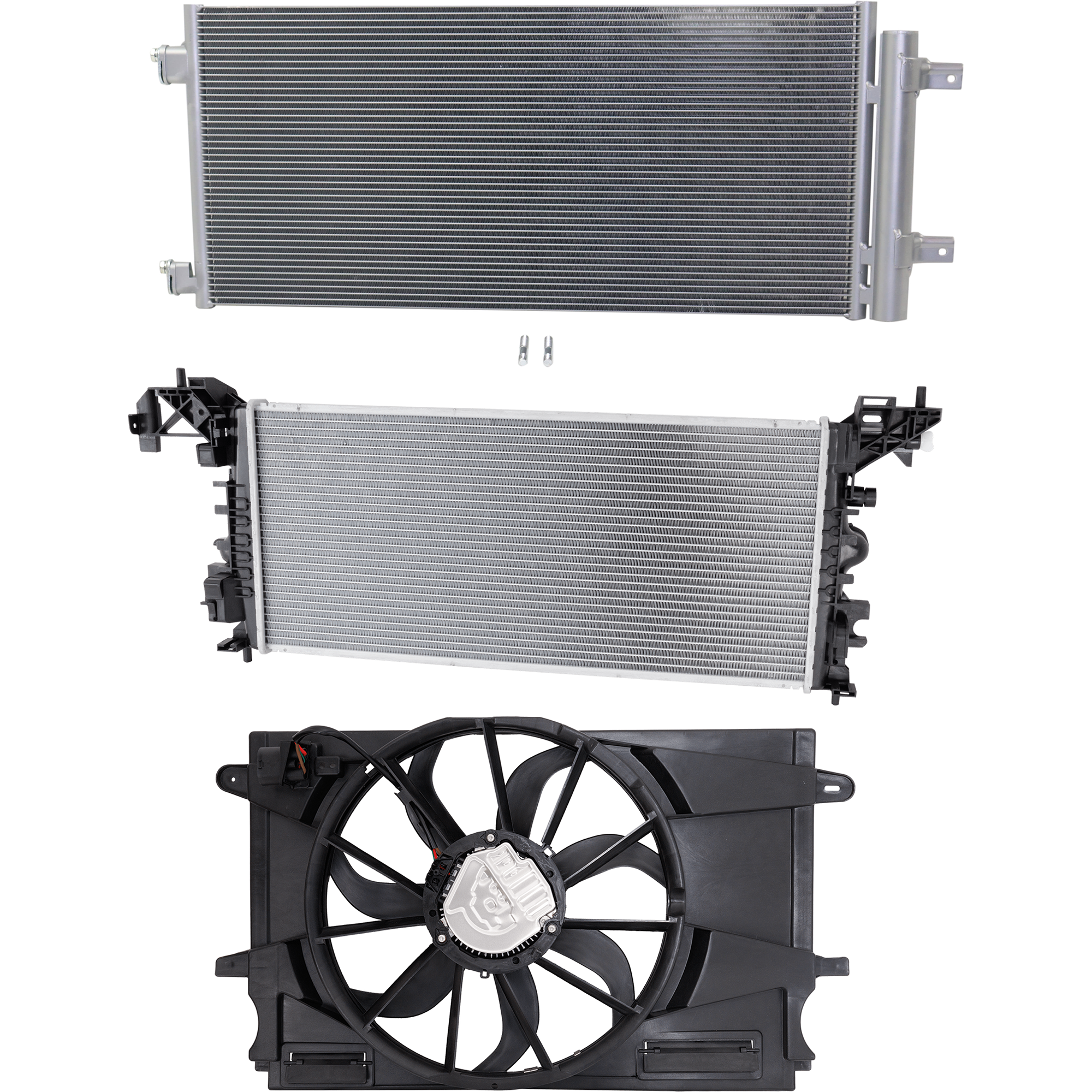 AM CRUZE 17-17 A C CONDENSER RADIATOR COOLING FAN KIT 3 pc kit 1.4L Eng. 4 Cyl. SKU KIT 083124-09 Partslink GM3030317 GM3115310 GM3010592 OEM 39011385-39052896-39126594